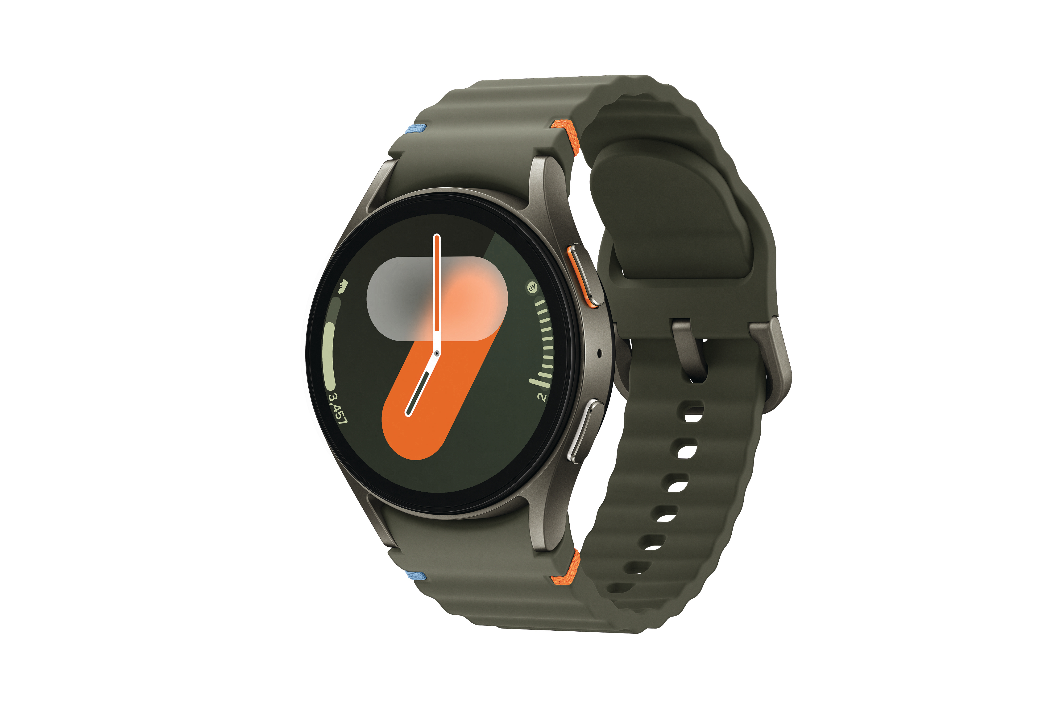 Grüne Smartwatch mit orangefarbenen Details, zeigt Uhrzeit und Fitness-App-Oberfläche.