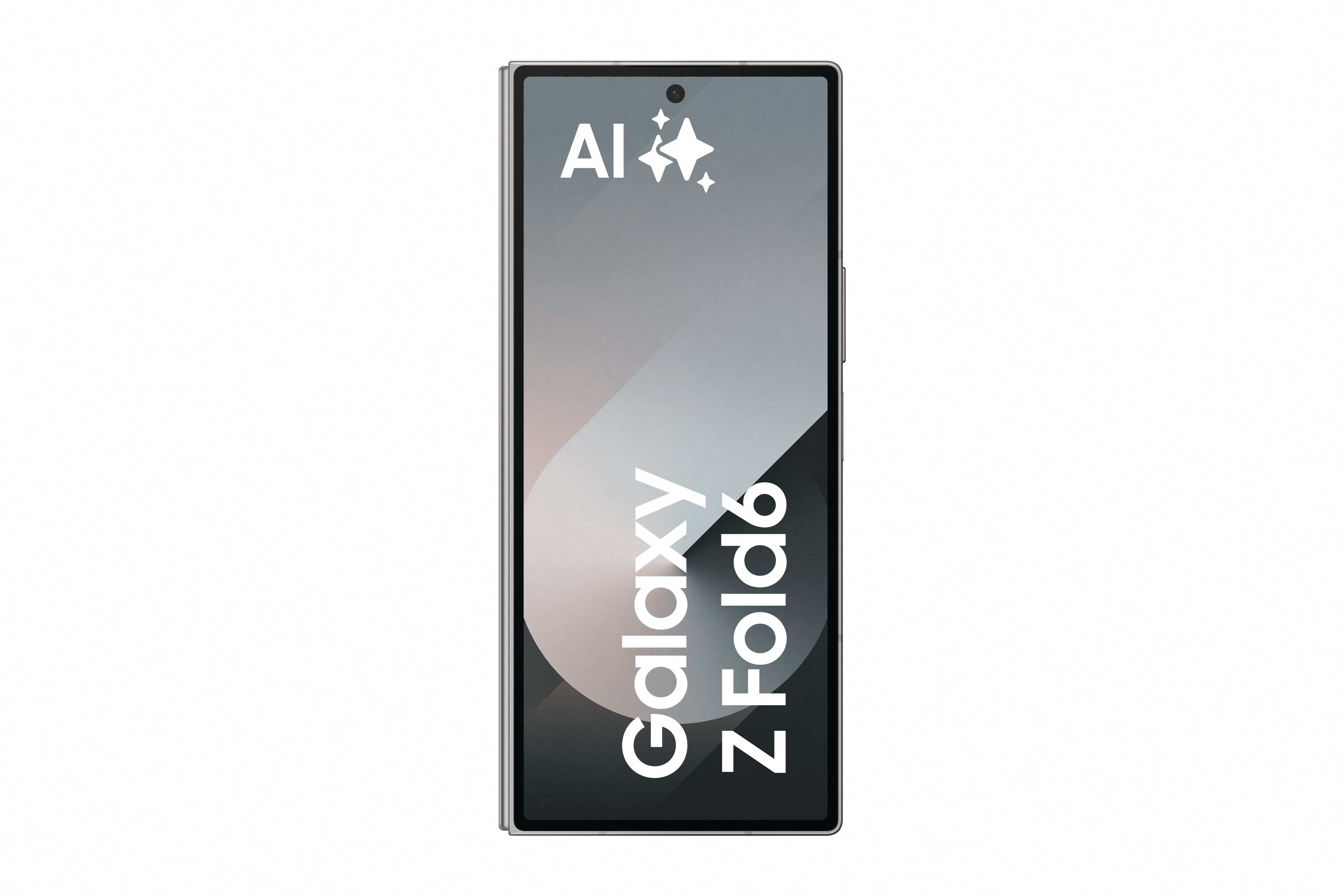 Faltbares Telefon, das Text Galaxy Z Fold6 und AI-Logo auf weißem Hintergrund anzeigt.