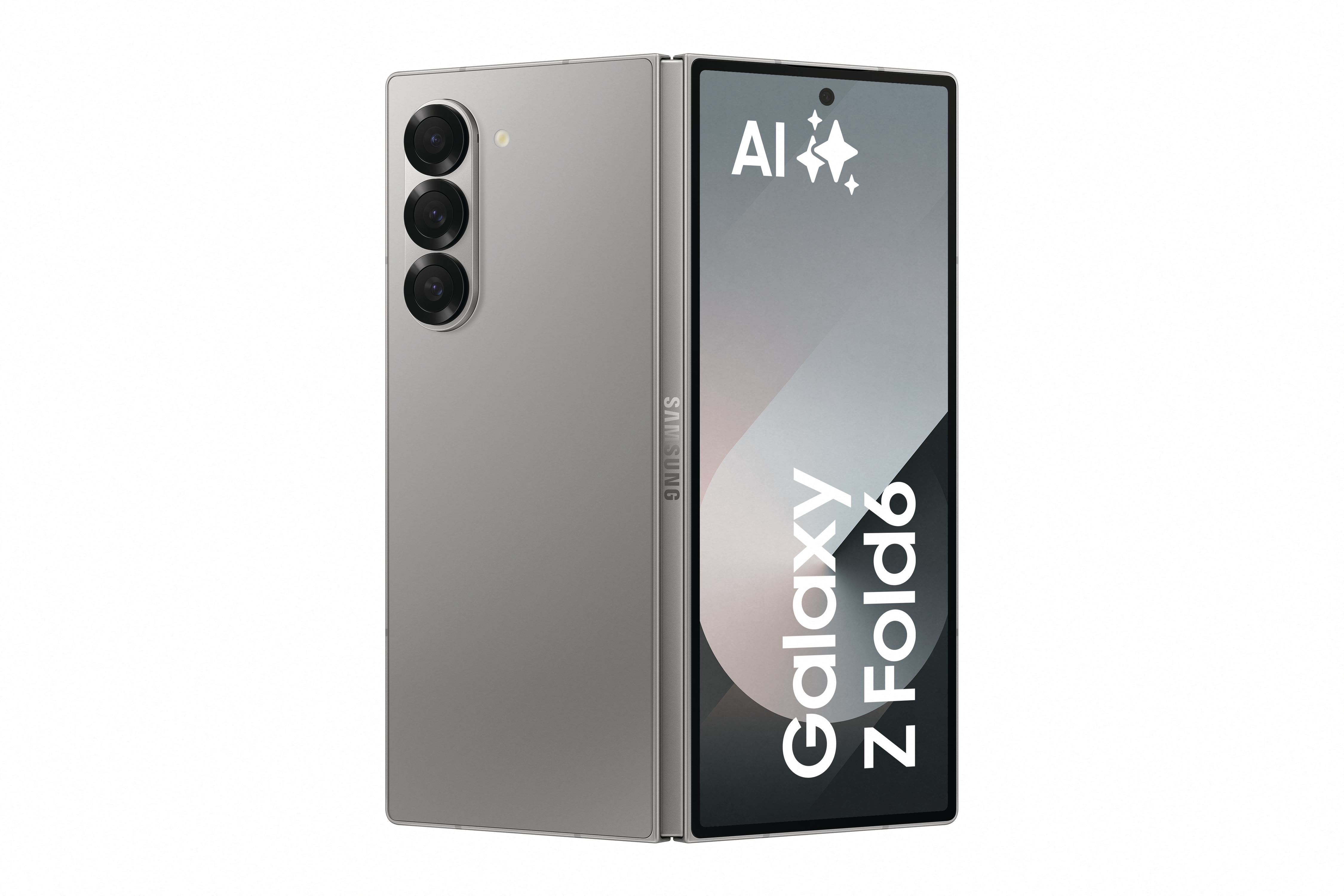 Ein graues, aufgeklapptes Telefon mit einem Bildschirm, der das Galaxy Z Fold6 Logo und KI zeigt.