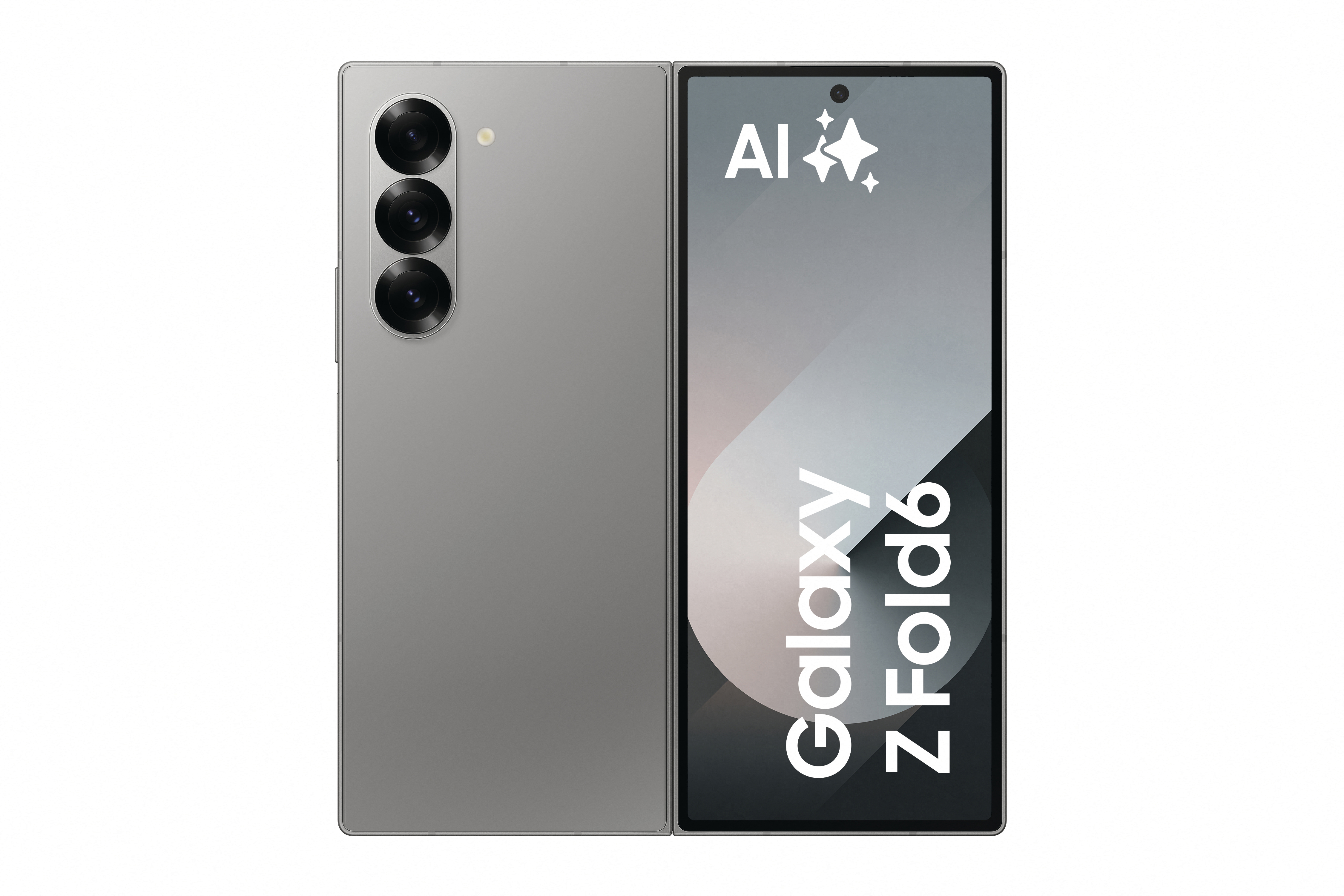 Ein geschlossenes silbernes Samsung Galaxy Z Fold6-Telefon mit drei Kameras und Galaxy Z Fold6 Logo.