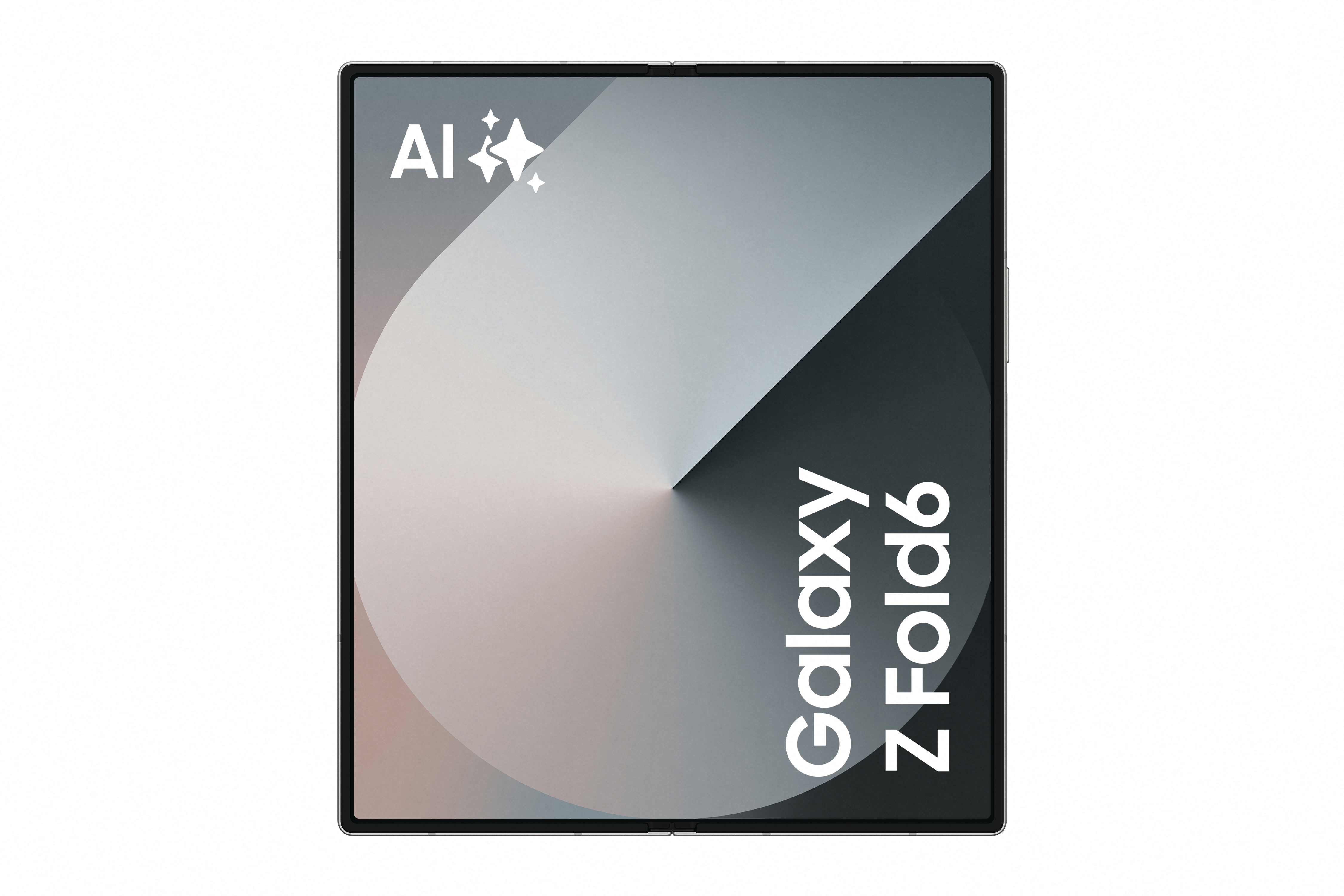 Faltbares Telefon zeigt Farbverlauf und "Galaxy Z Fold6" mit AI-Logo.