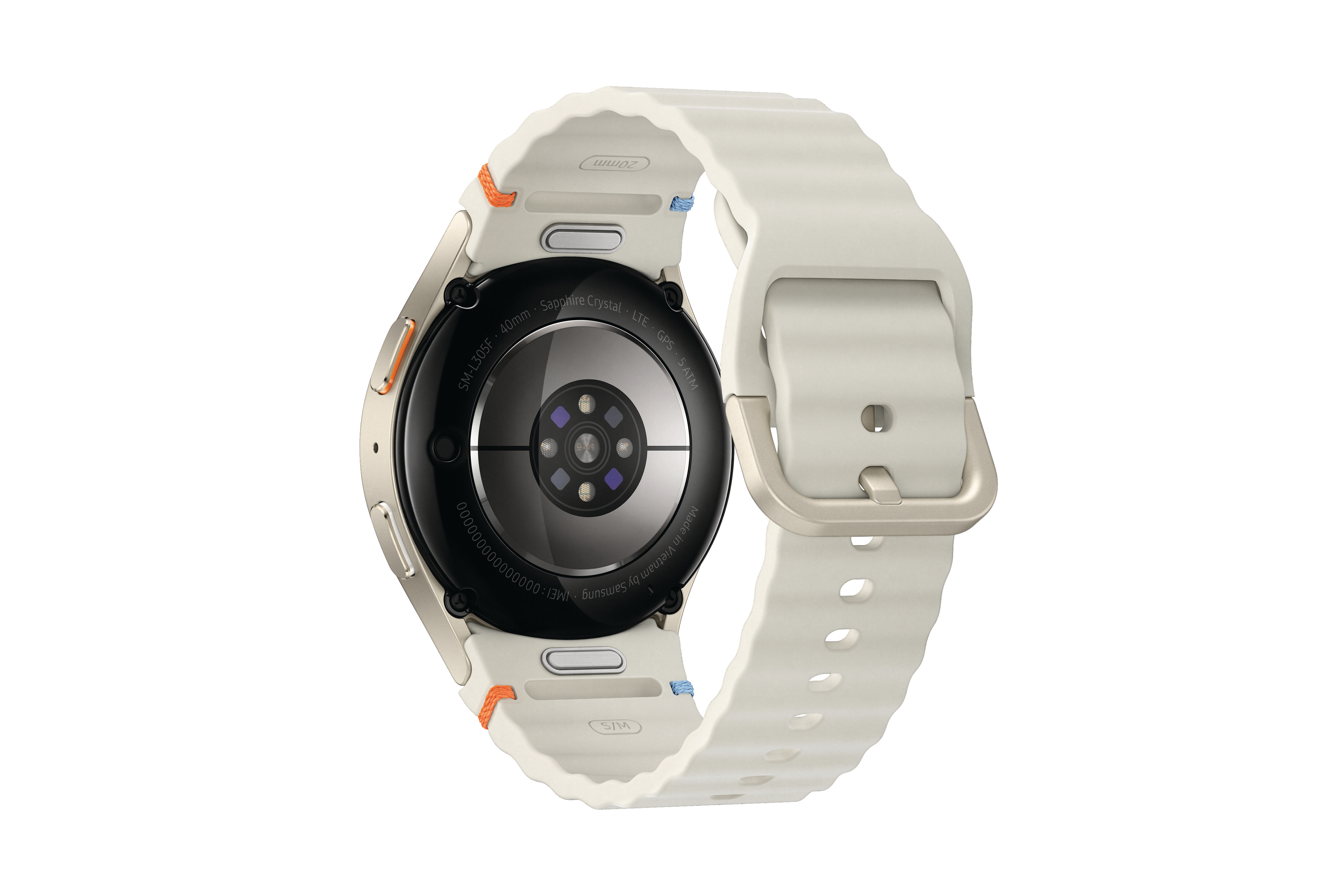 Weiße Smartwatch-Rückansicht auf Weiß. Zeigt Sensoren und weißes Armband.