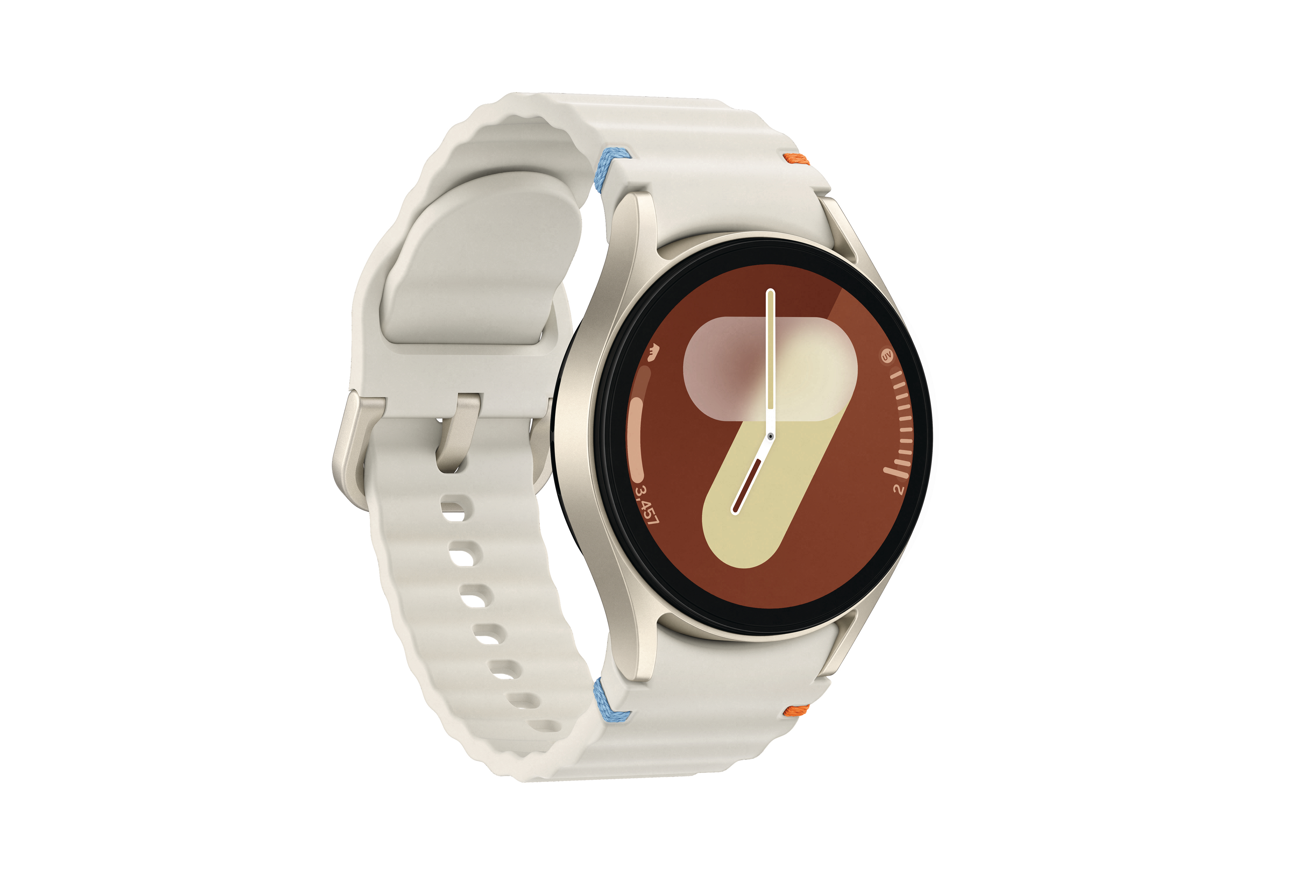Eine silberne Smartwatch mit cremefarbenem Armband und braunem Zifferblatt.