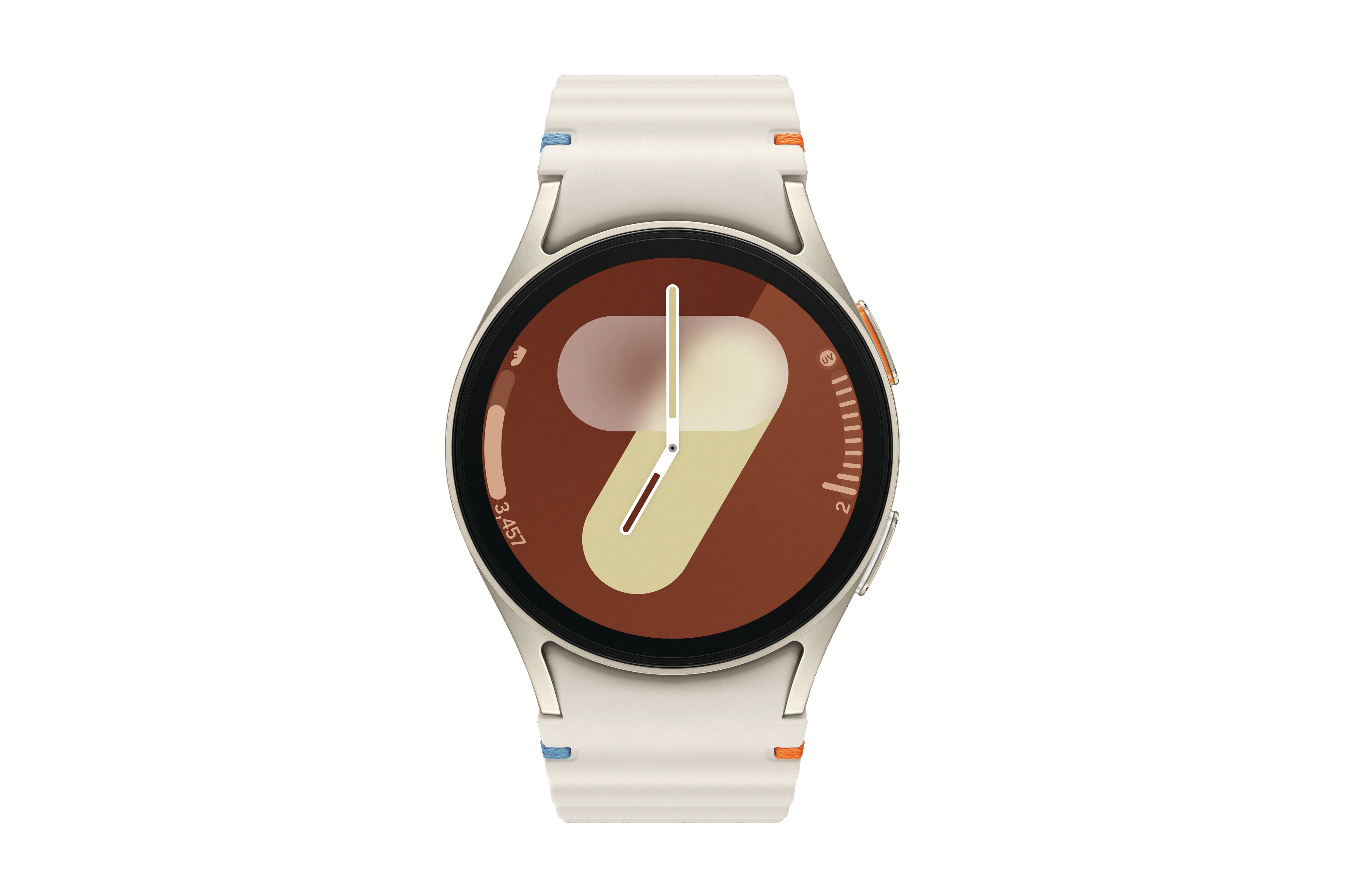 Eine weiße Smartwatch mit braunem Zifferblatt und weißen und orangen Banddetails.