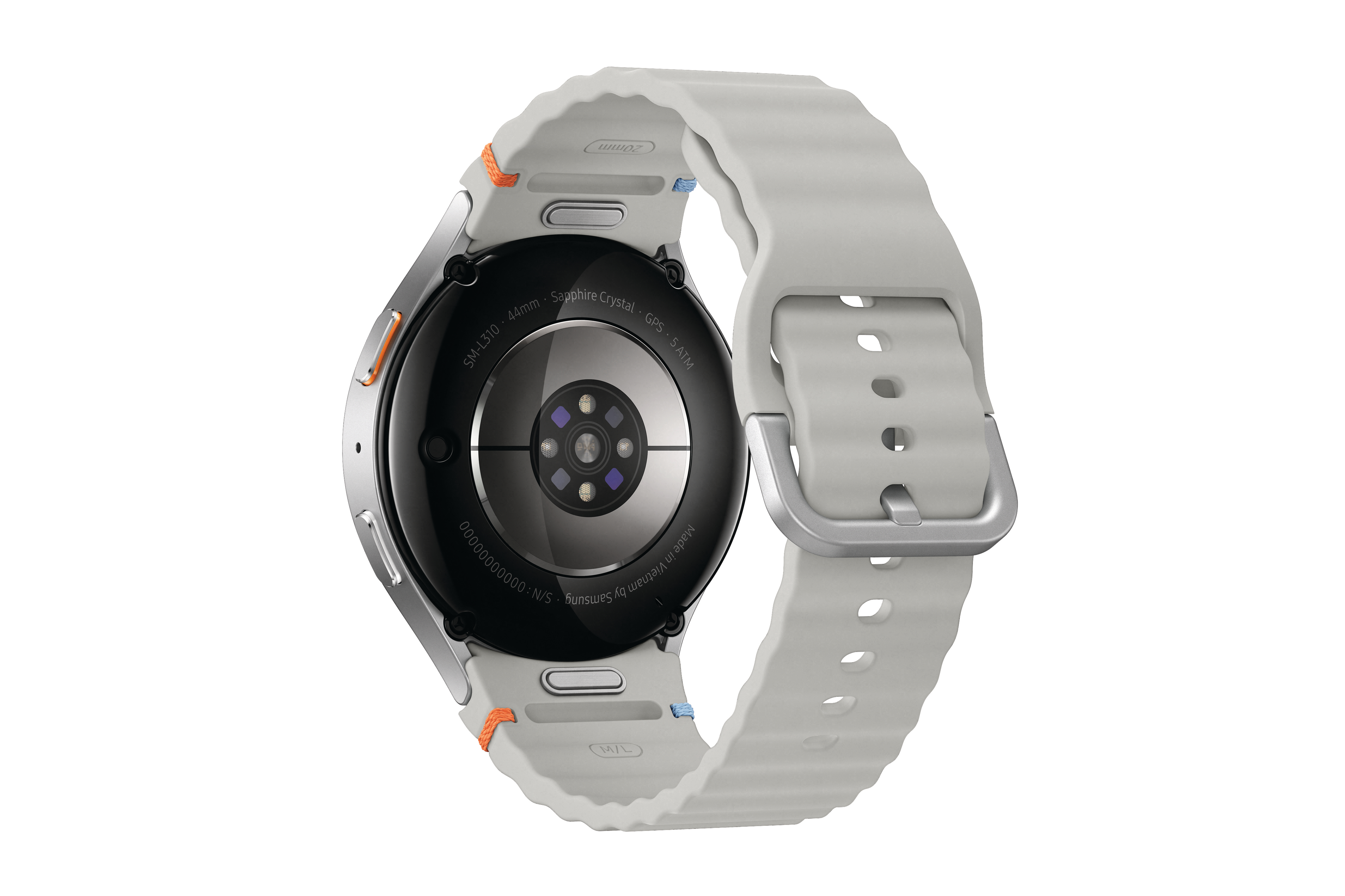Die Rückseite einer Smartwatch mit Silberring, Sensor und Text auf weißem Hintergrund.