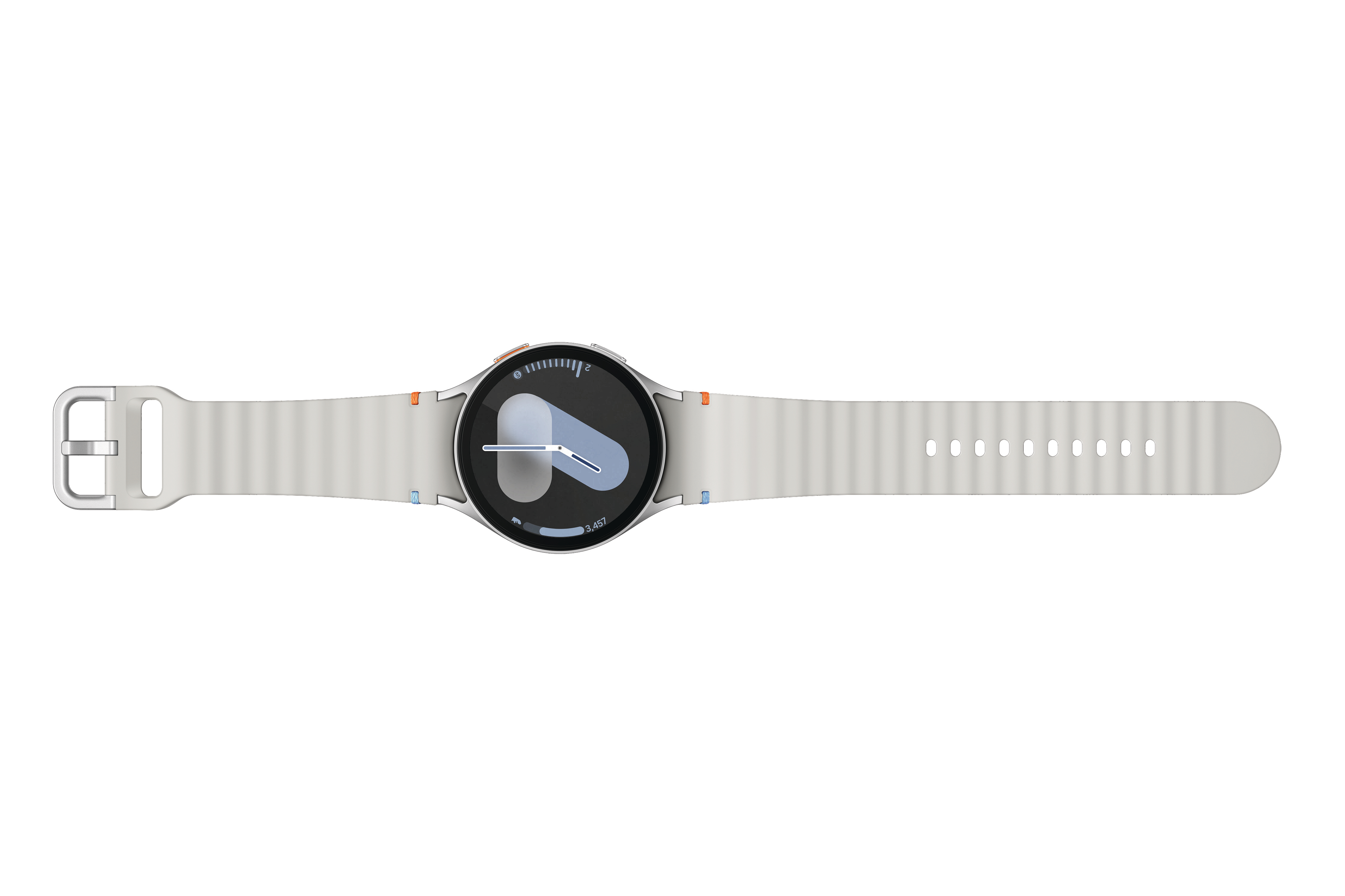 Weiße Smartwatch mit weißem Armband liegt auf weißer Oberfläche. Das Zifferblatt ist schwarz und zeigt Informationen.