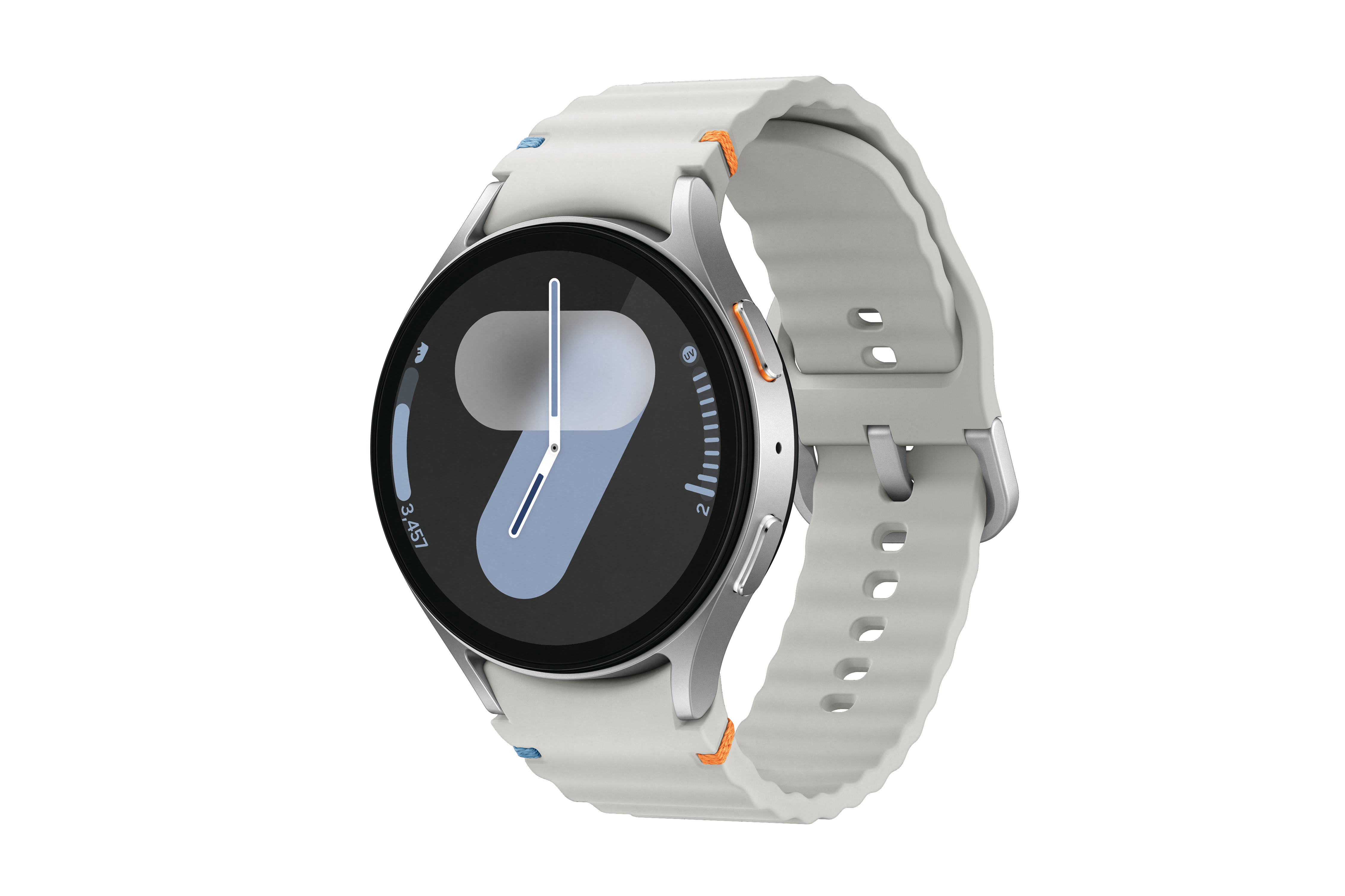 Weiße Smartwatch mit hellblauem Zifferblatt und grauem Armband, schräge Ansicht auf weißem Hintergrund.