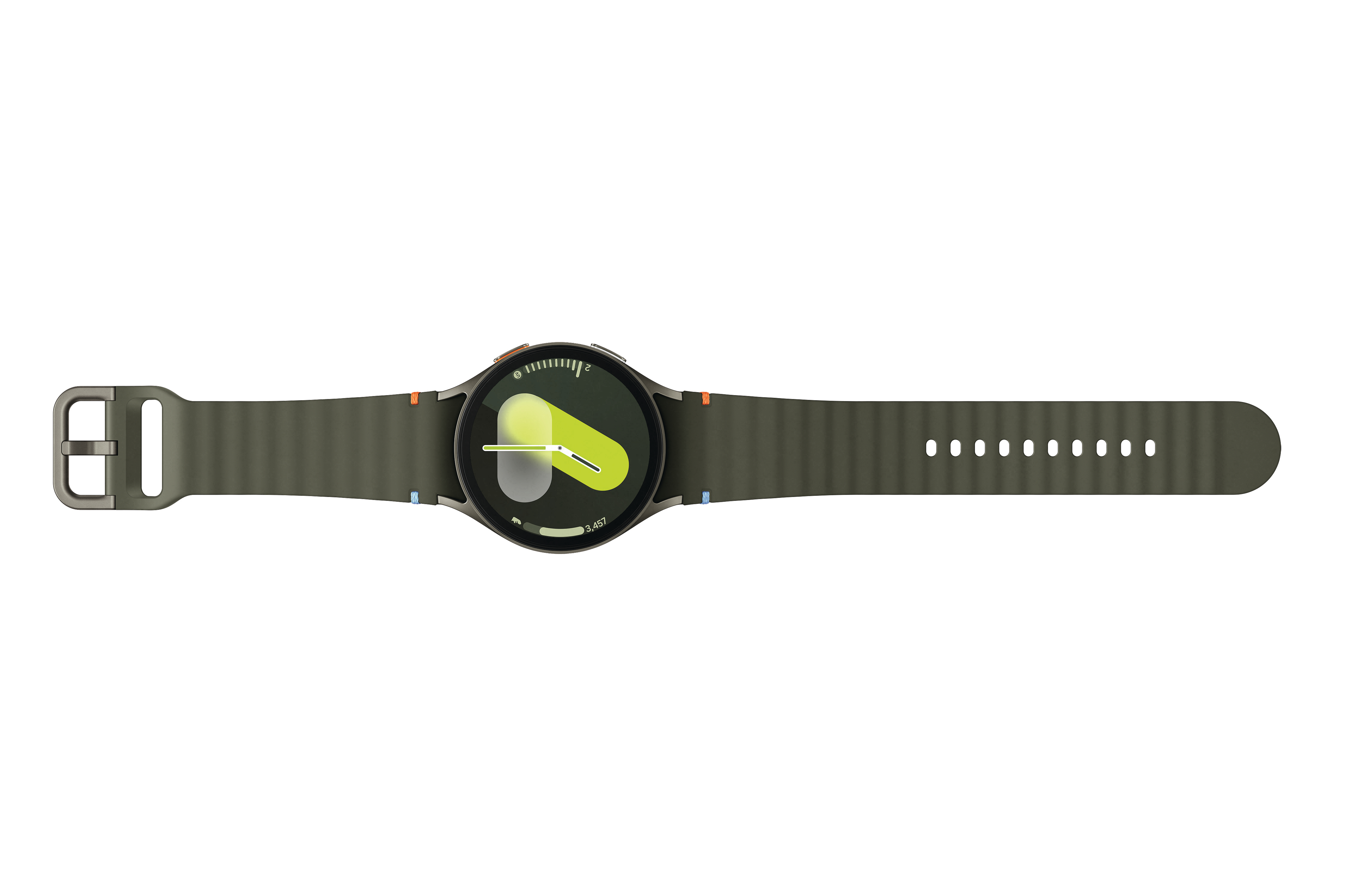 Eine olivgrüne Smartwatch mit grünem Armband. Das Zifferblatt hat eine gelbe Grafik.