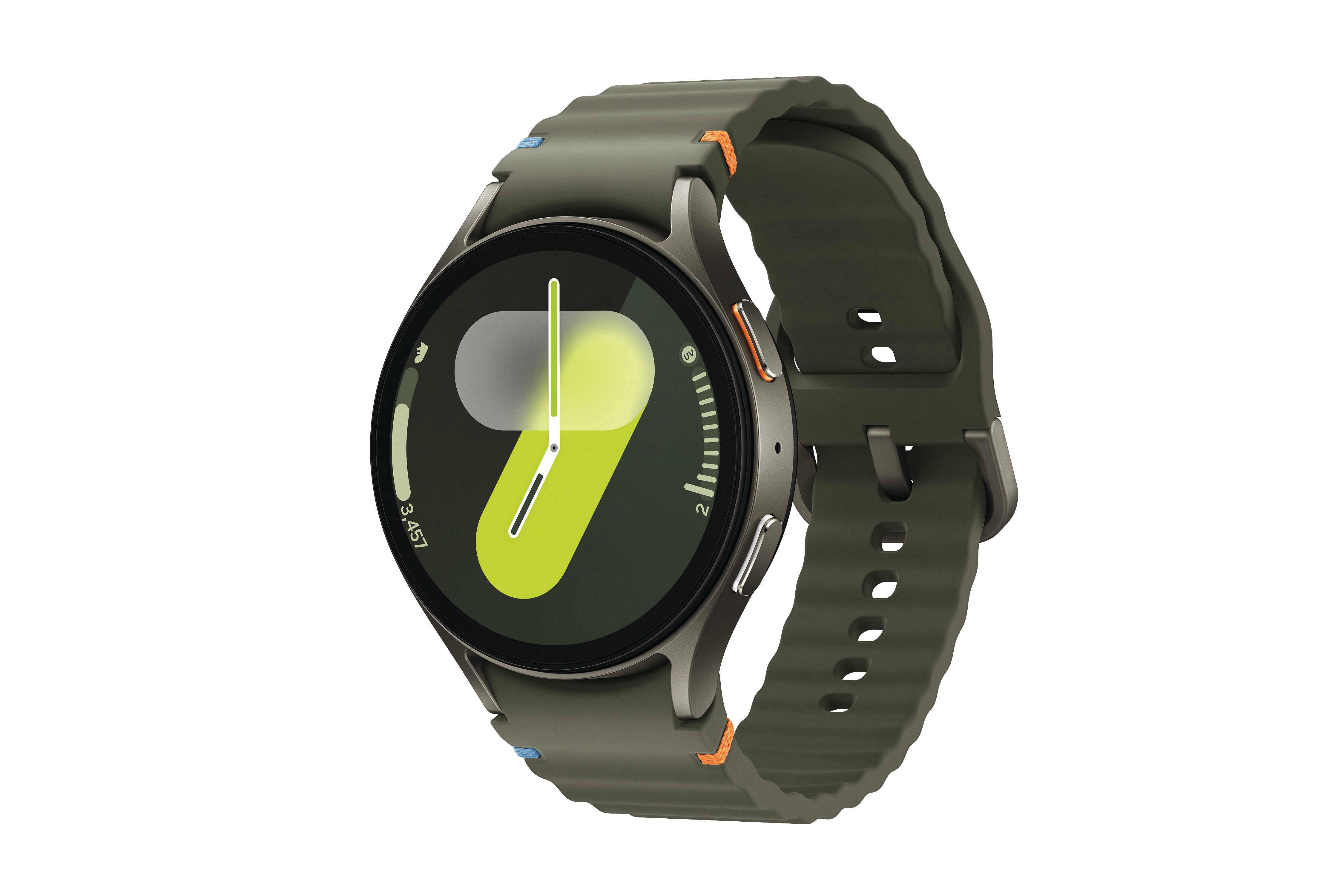 Grüne Smartwatch mit dunklem Bildschirm und grünem Armband, isoliert auf weißem Hintergrund.