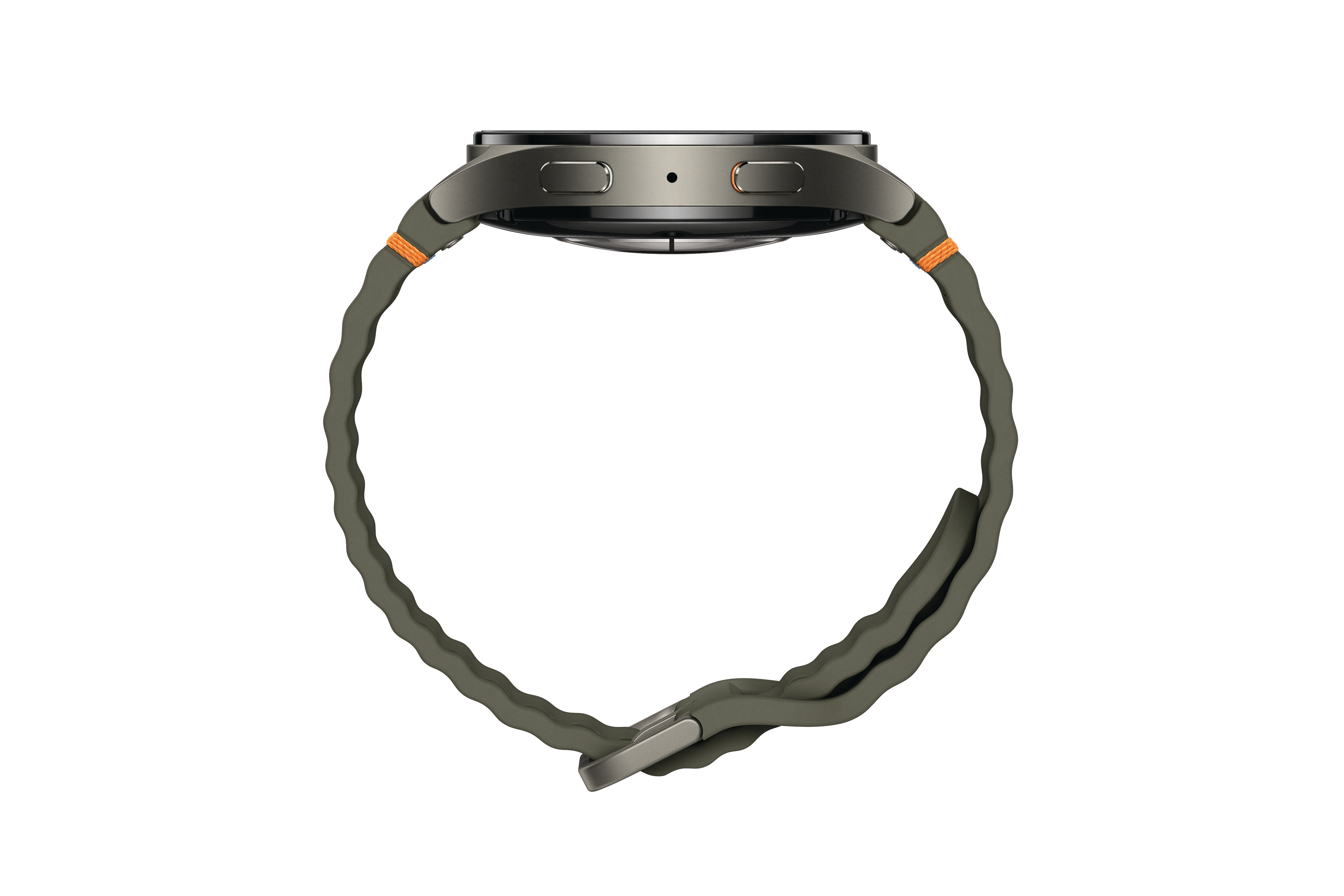 Seitenansicht einer Uhr, olivgrünes Armband mit orangefarbenen Akzenten.