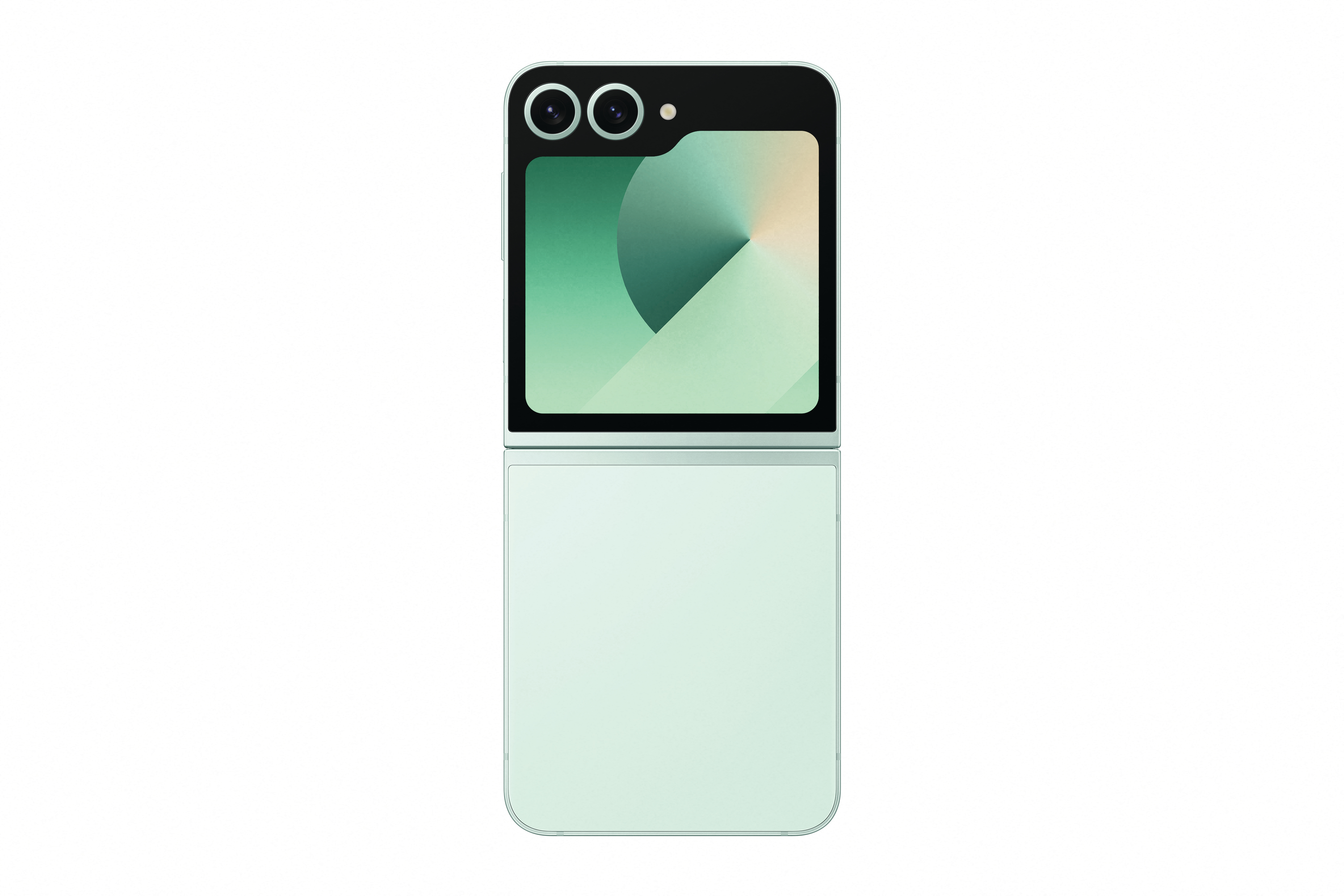 Ein teilweise geöffnetes mintfarbenes Telefon mit Dual-Kameras.