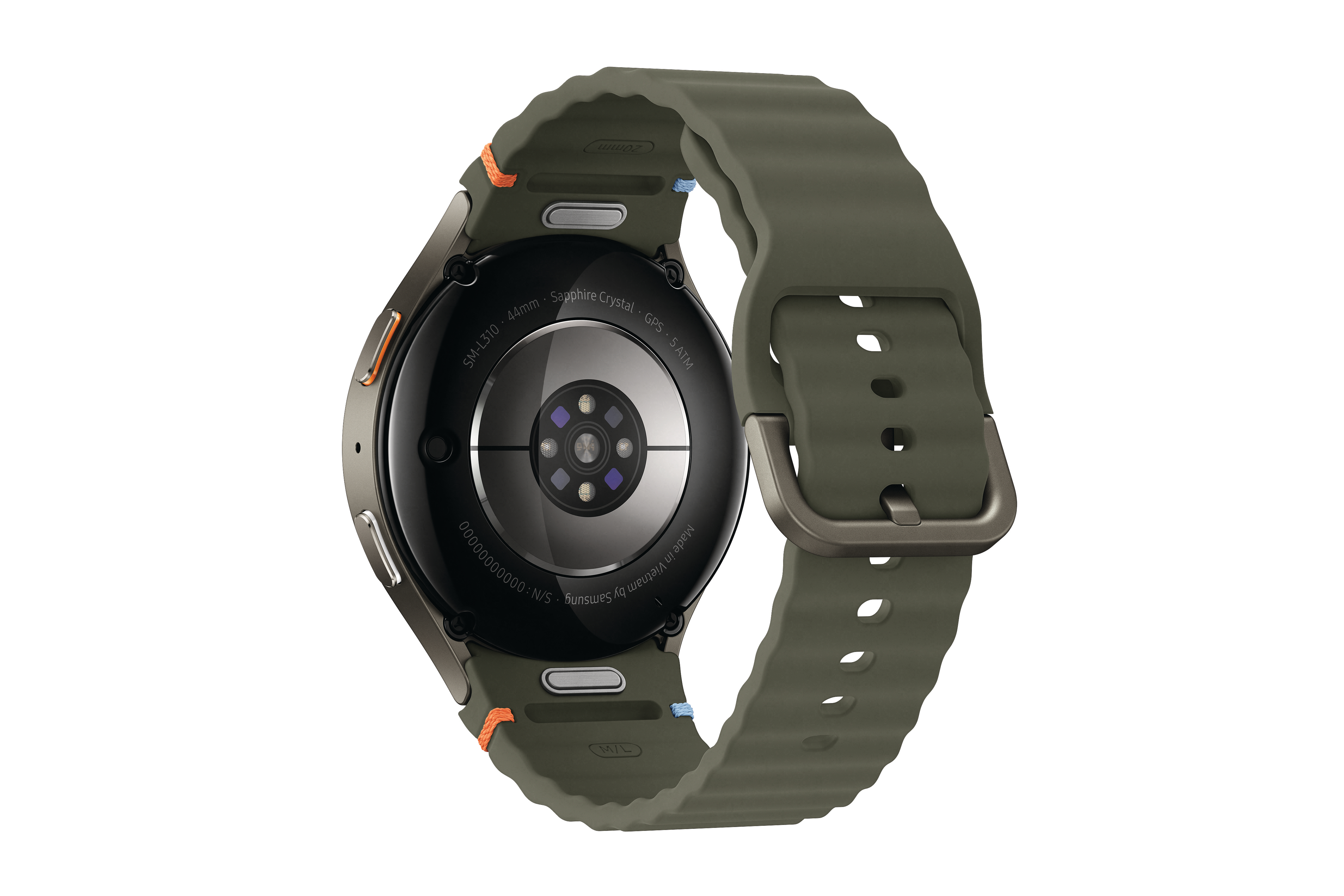 Die Rückseite einer Smartwatch mit grünem Armband. Die Uhr zeigt ihre Details, einschließlich GPS und Modell.