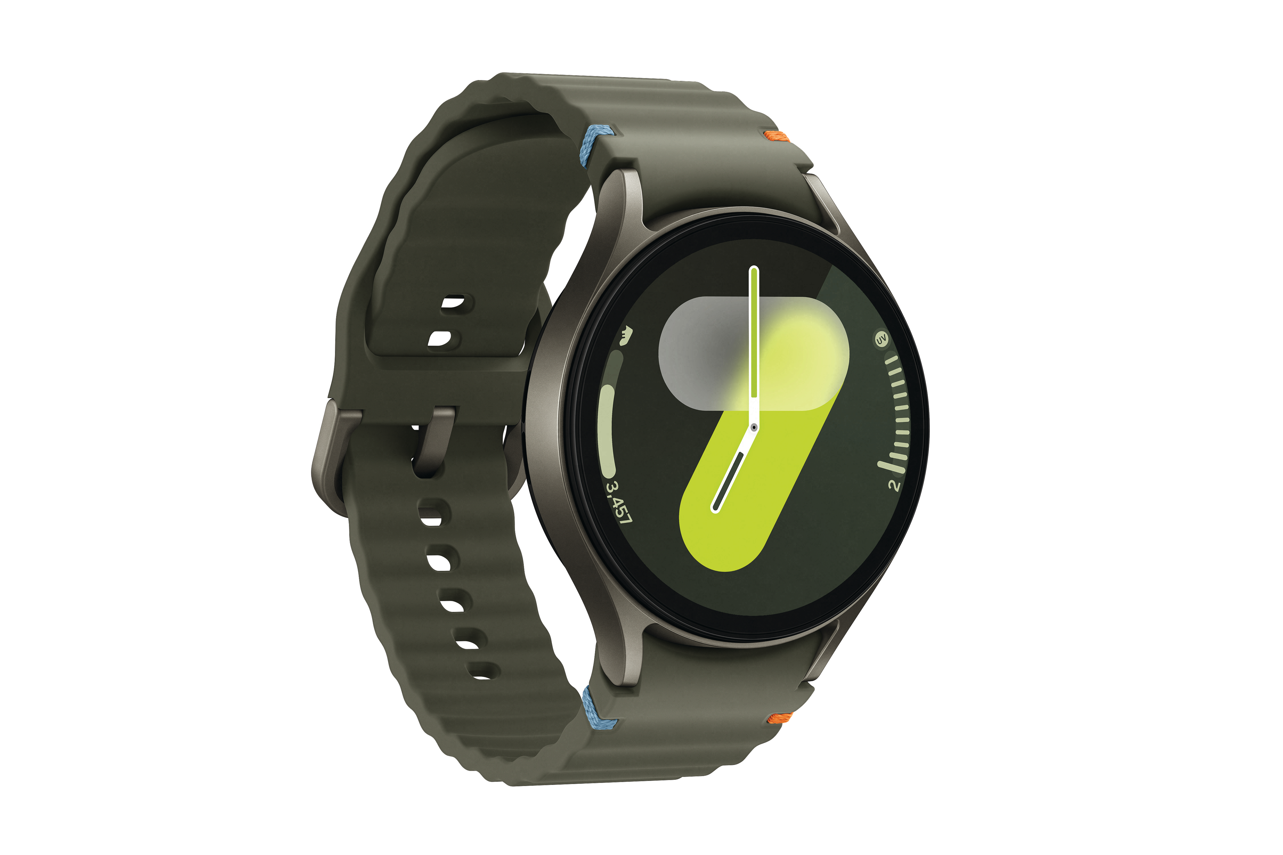 Eine Smartwatch mit grünem Armband, schwarzer Lünette und grünem Bildschirm mit gelber Zeitanzeige.
