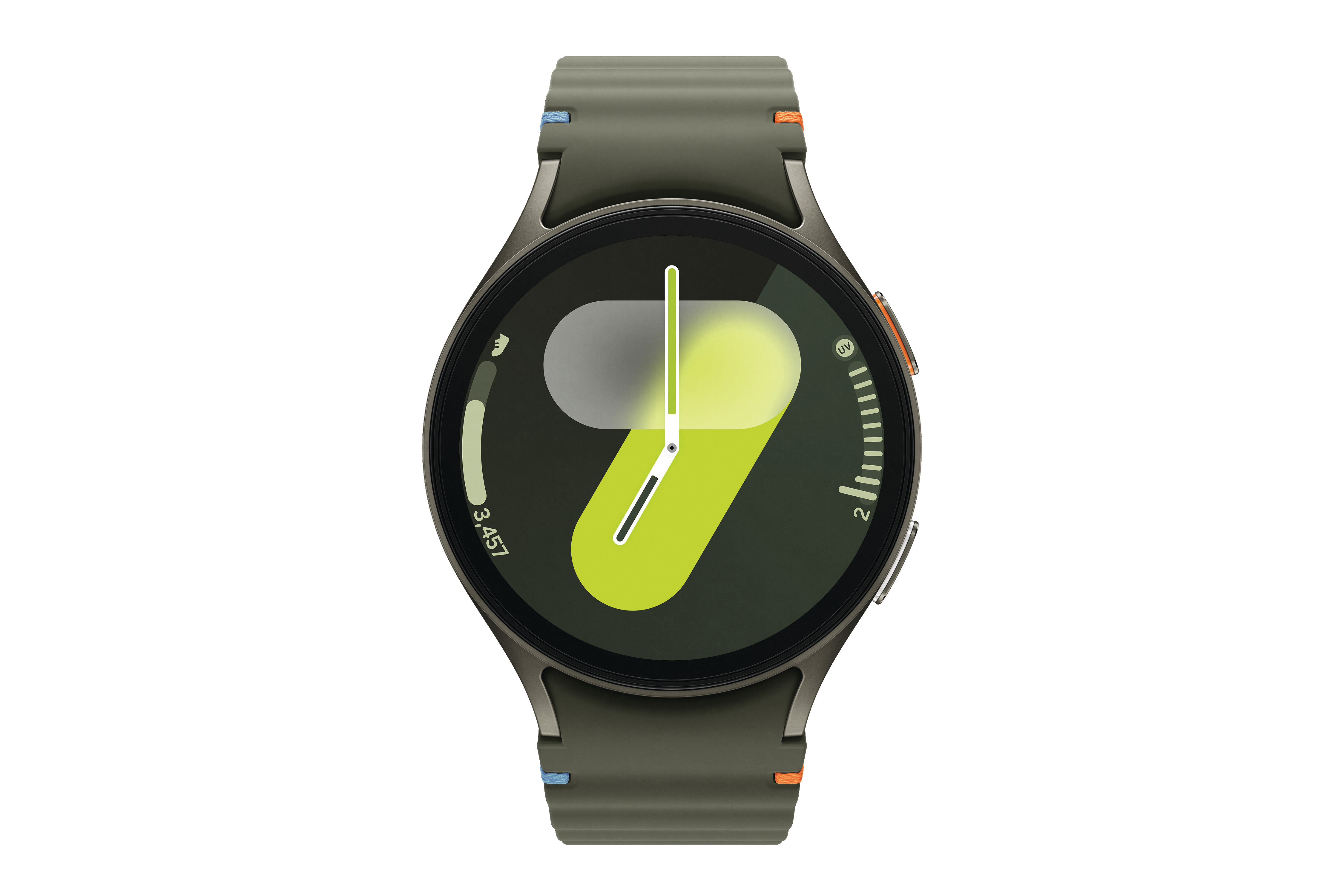 Smartwatch mit grünem Armband, schwarzem Bildschirm, weißer Hintergrund.