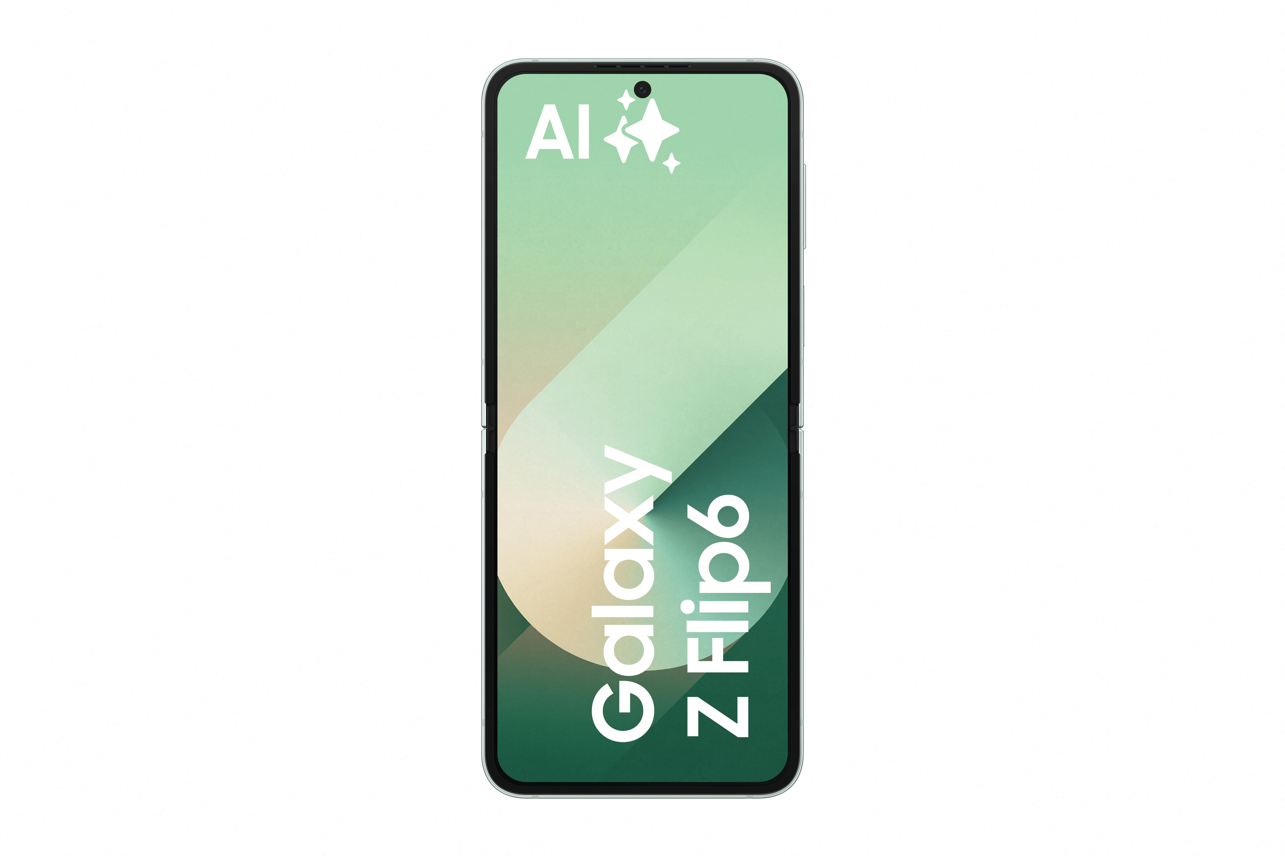 Weißes Telefon mit KI und Galaxy Z Flip6 auf dem Bildschirm.