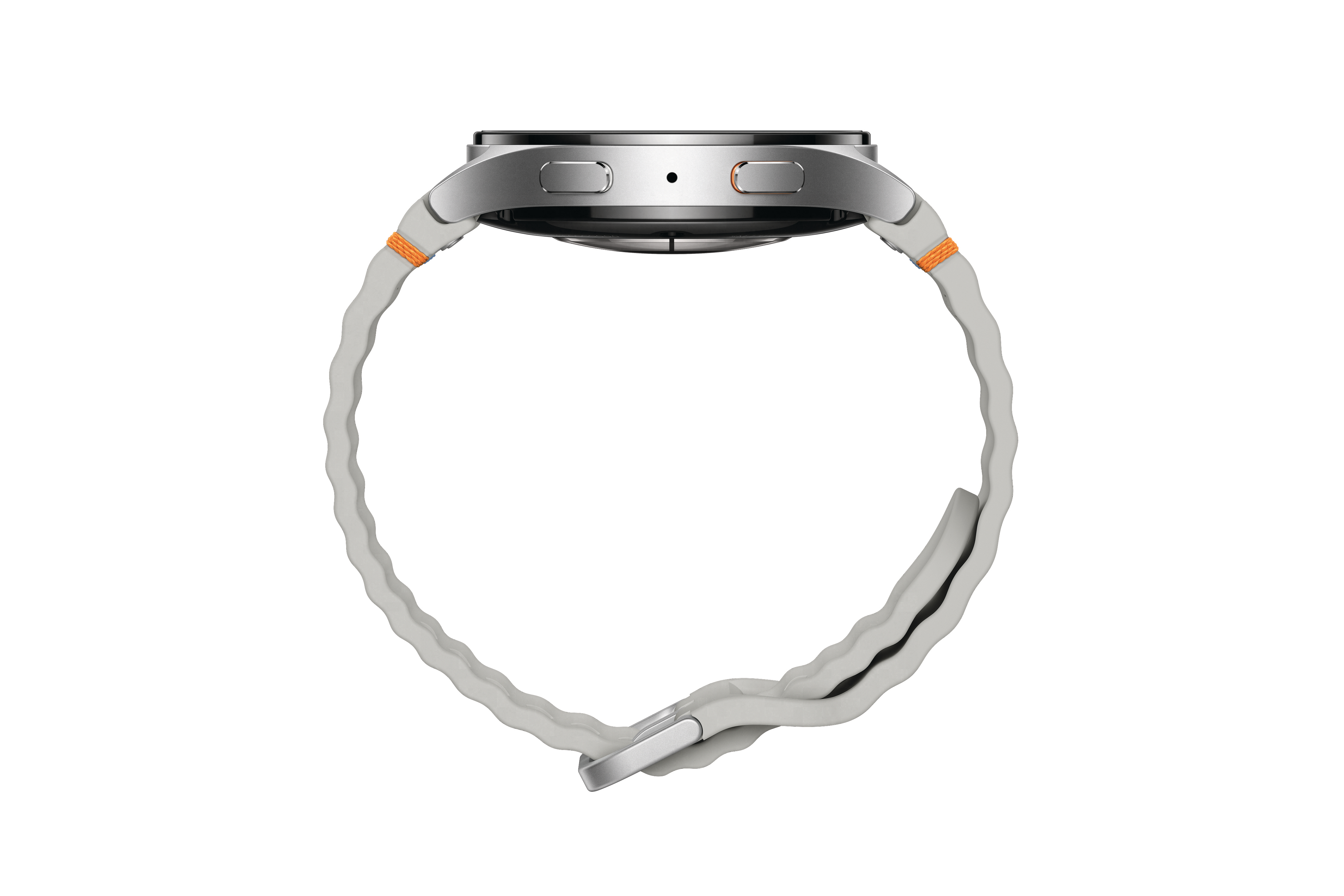 Seitenansicht einer silbernen Smartwatch mit grauem Armband und orangefarbenen Akzenten.