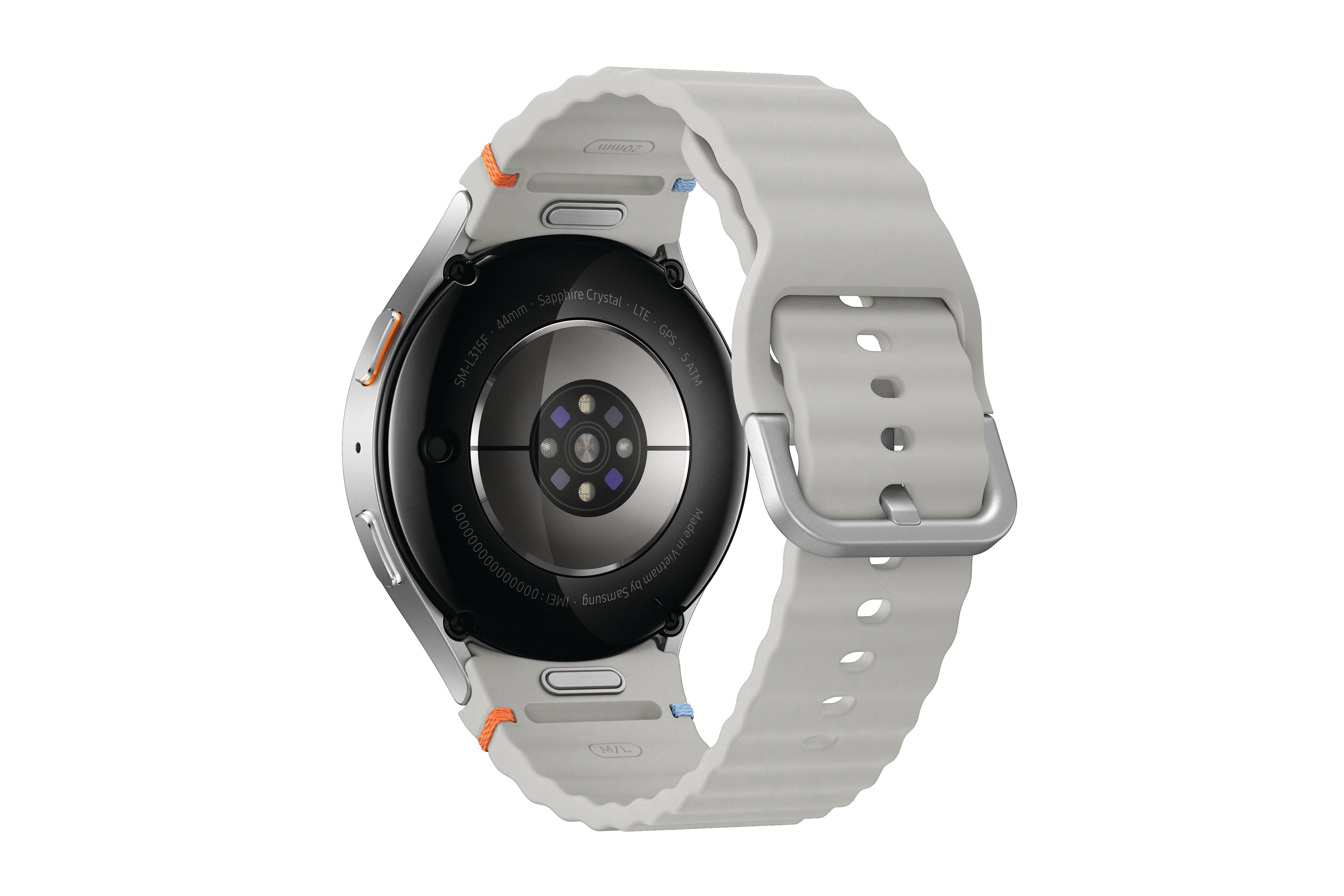 Rückansicht einer weißen Smartwatch mit weißem Armband und silberner Schnalle. Weißer Hintergrund.