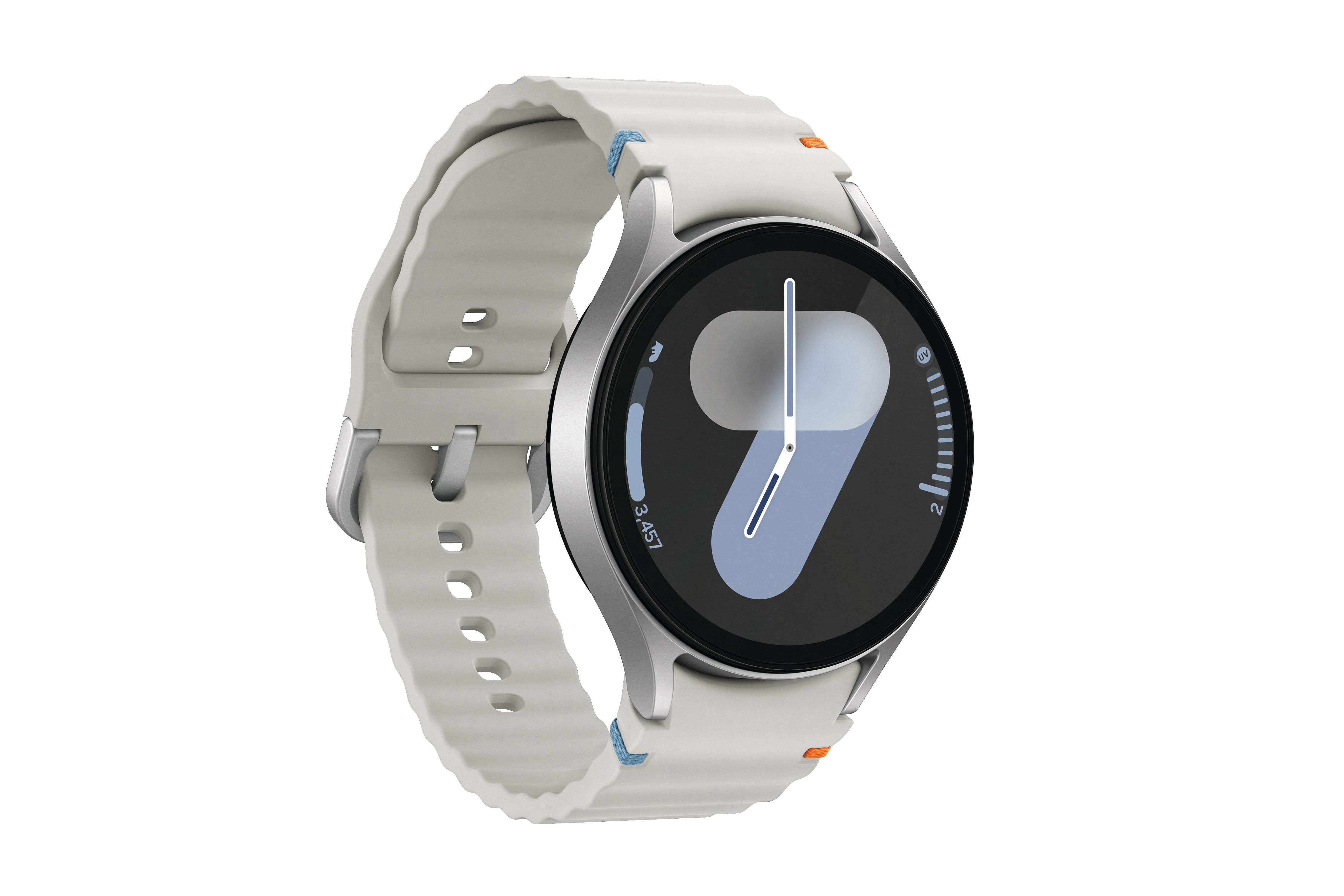 Eine weiße Smartwatch mit silberner Lünette, weißem Armband und blau-orangefarbenen Akzenten.