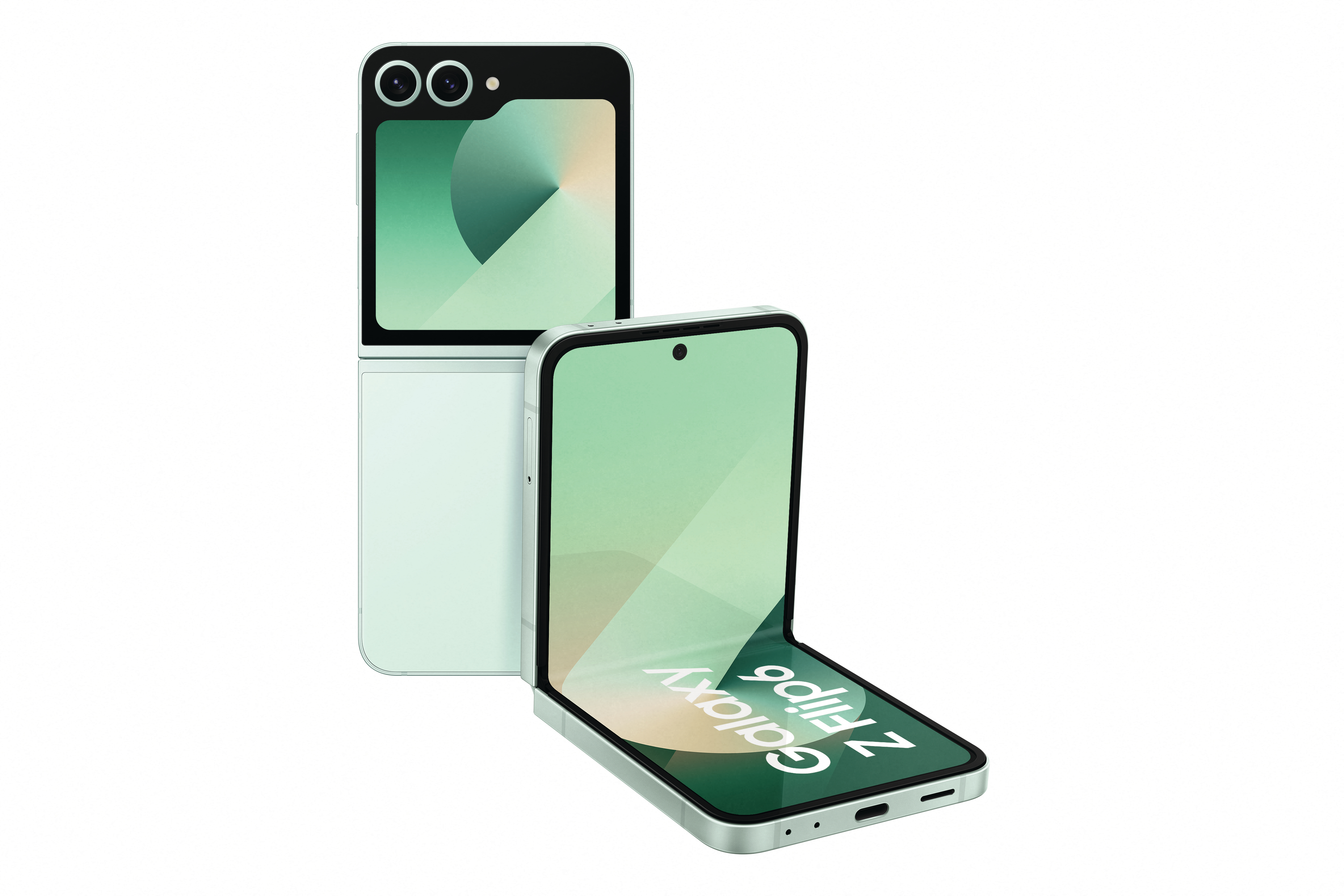 Hellgrünes Samsung Galaxy Z Flip6, teilweise geöffnet, vor weißem Hintergrund.