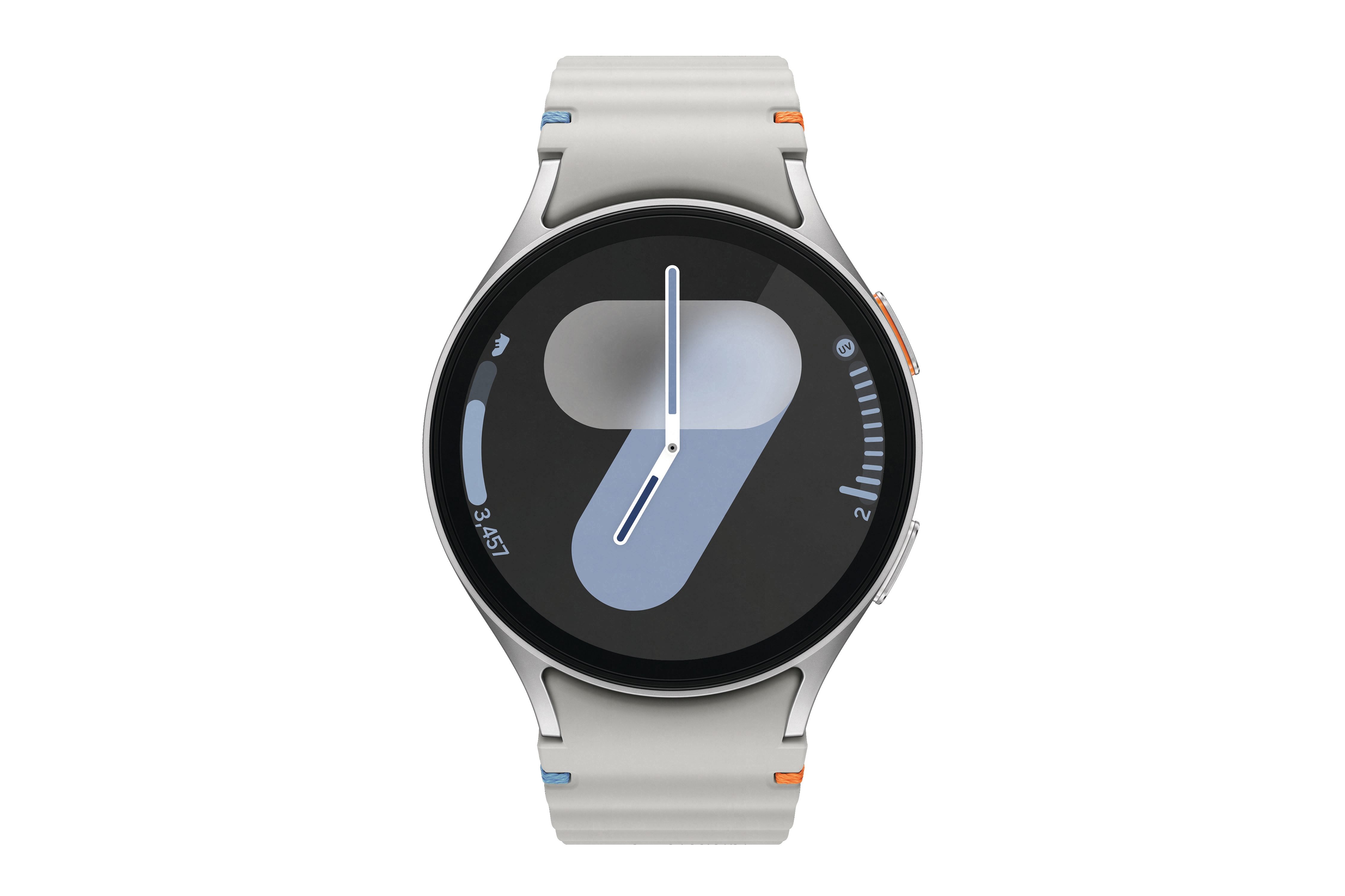 Weiße Smartwatch mit schwarzem Bildschirm, der ein Zifferblatt anzeigt. Orange und blaue Akzente.