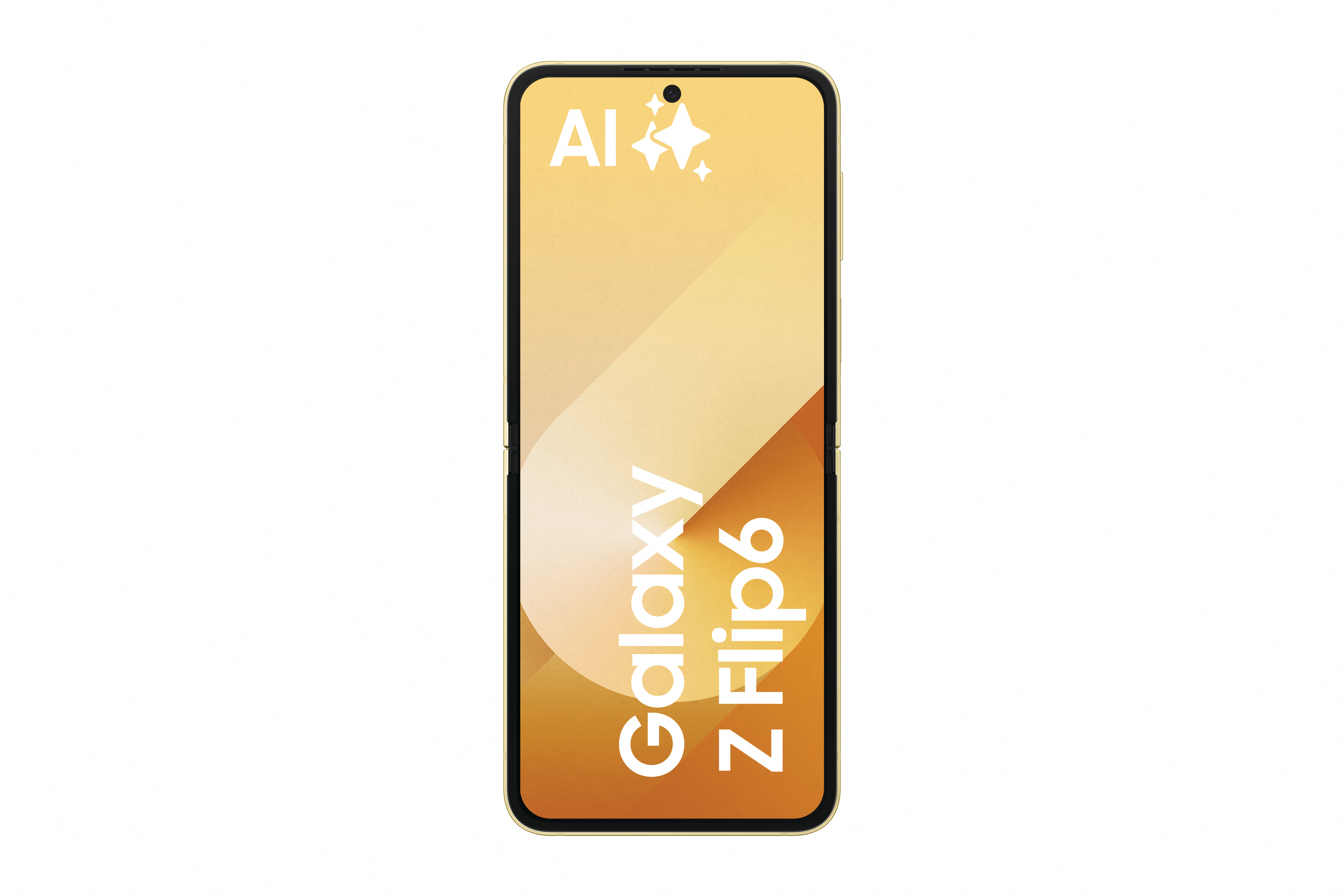 Goldenes Telefon mit Text: Galaxy Z Flip6, mit KI-Symbol.