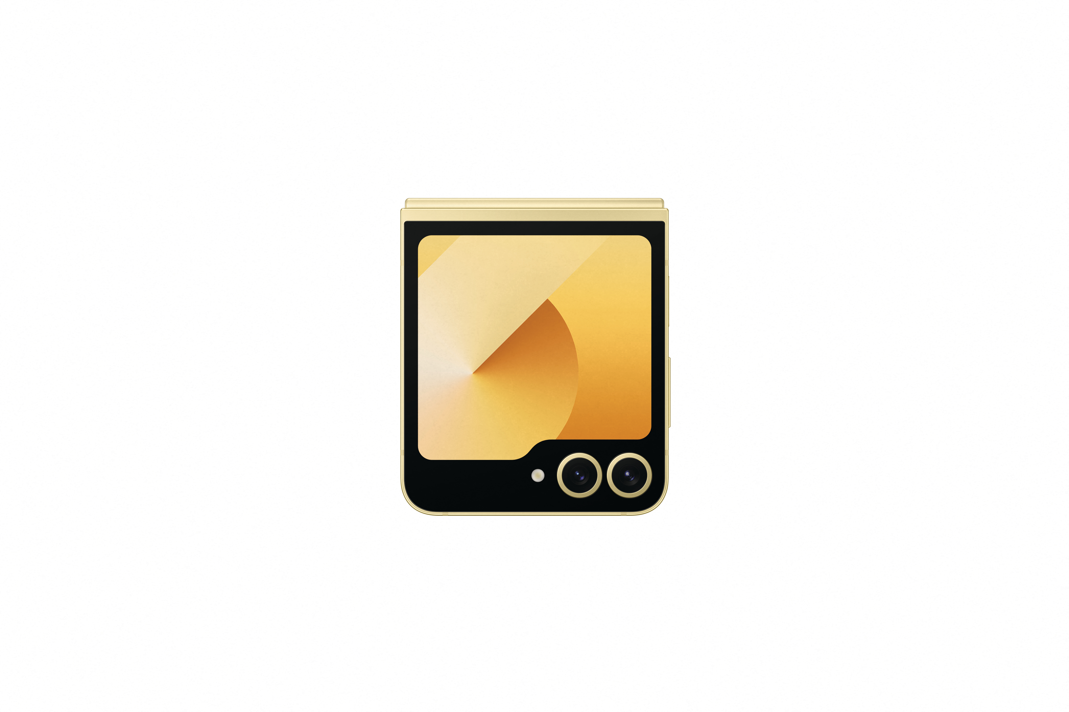 Ein goldenes, zusammengeklapptes, faltbares Telefon auf weißem Hintergrund, mit dem Bildschirm nach vorne.