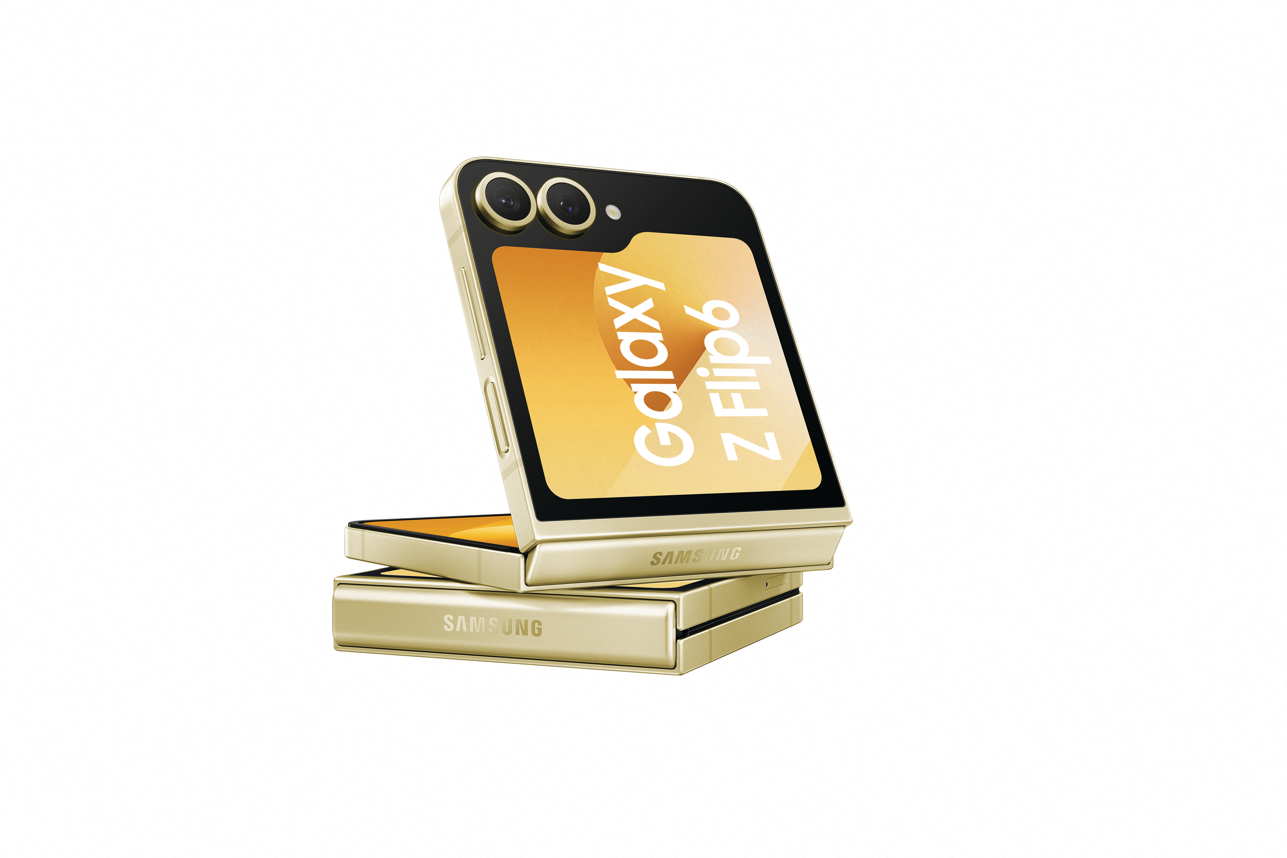 Goldenes Samsung Galaxy Z Flip6 gefaltet. Das Telefon ist goldfarben mit einem schwarzen Kamera-Setup oben und der Bildschirm zeigt Text.
