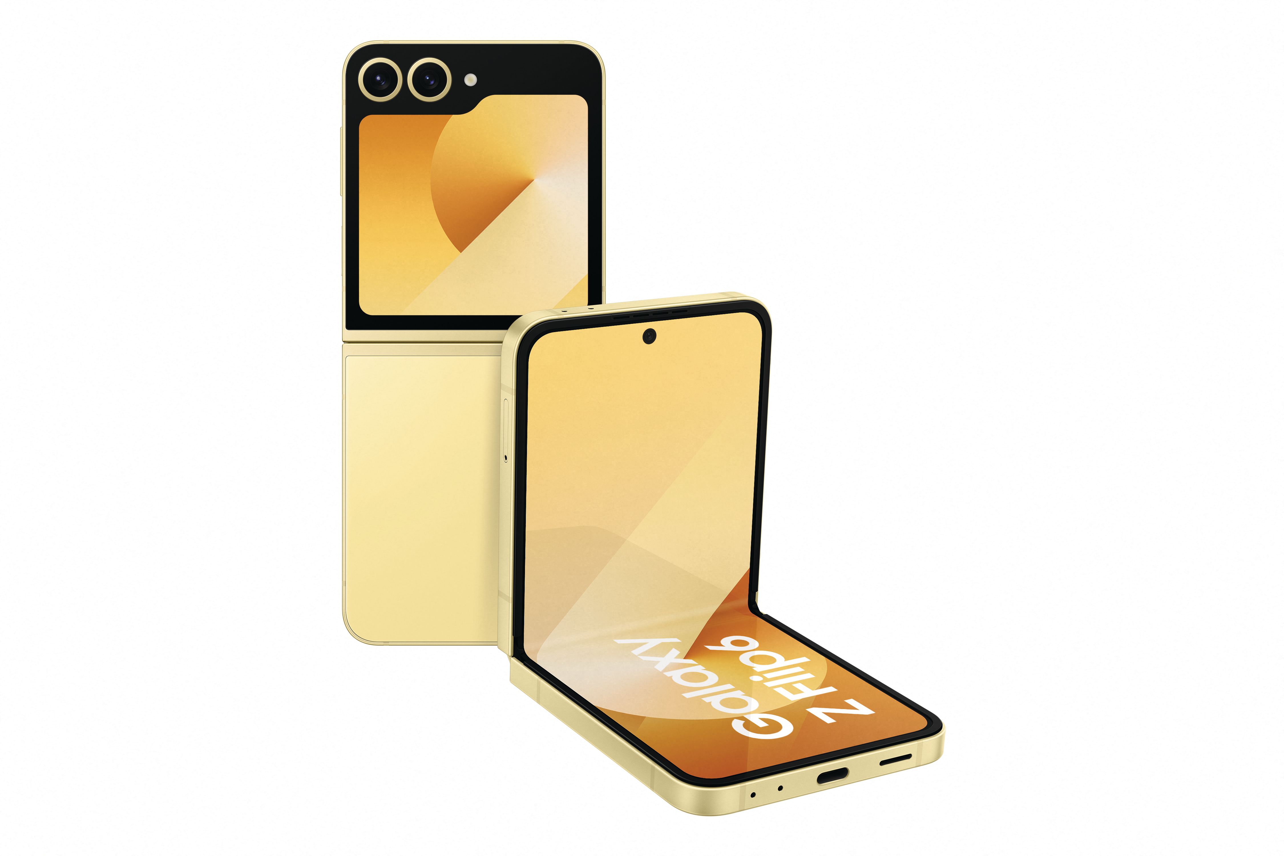Ein goldfarbenes, faltbares Smartphone, teilweise geöffnet, zeigt Display und Kameras.