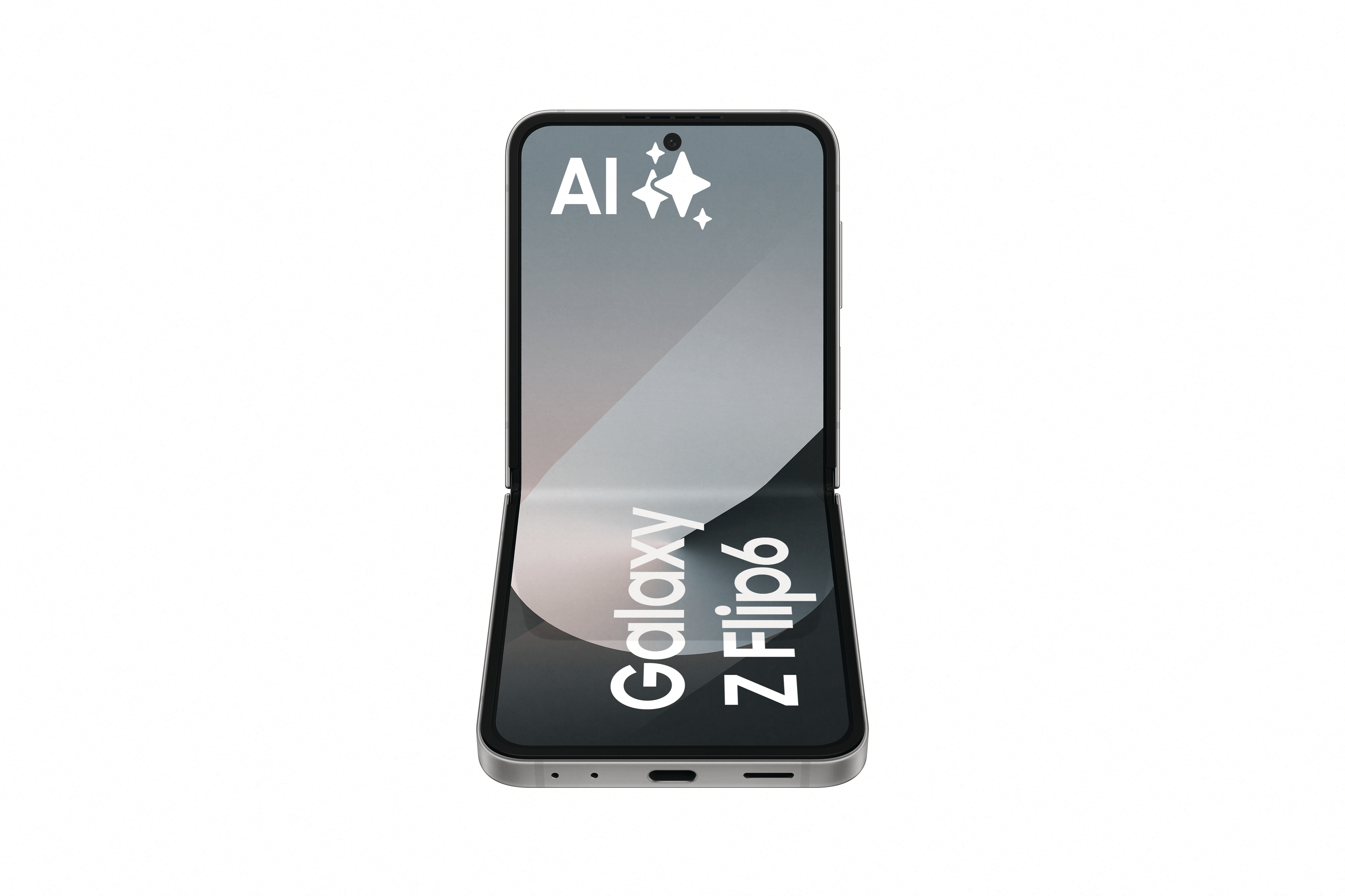 Ein Telefon mit faltbarem Bildschirm. Der Bildschirm zeigt den Text 'Galaxy Z Flip6' und KI.