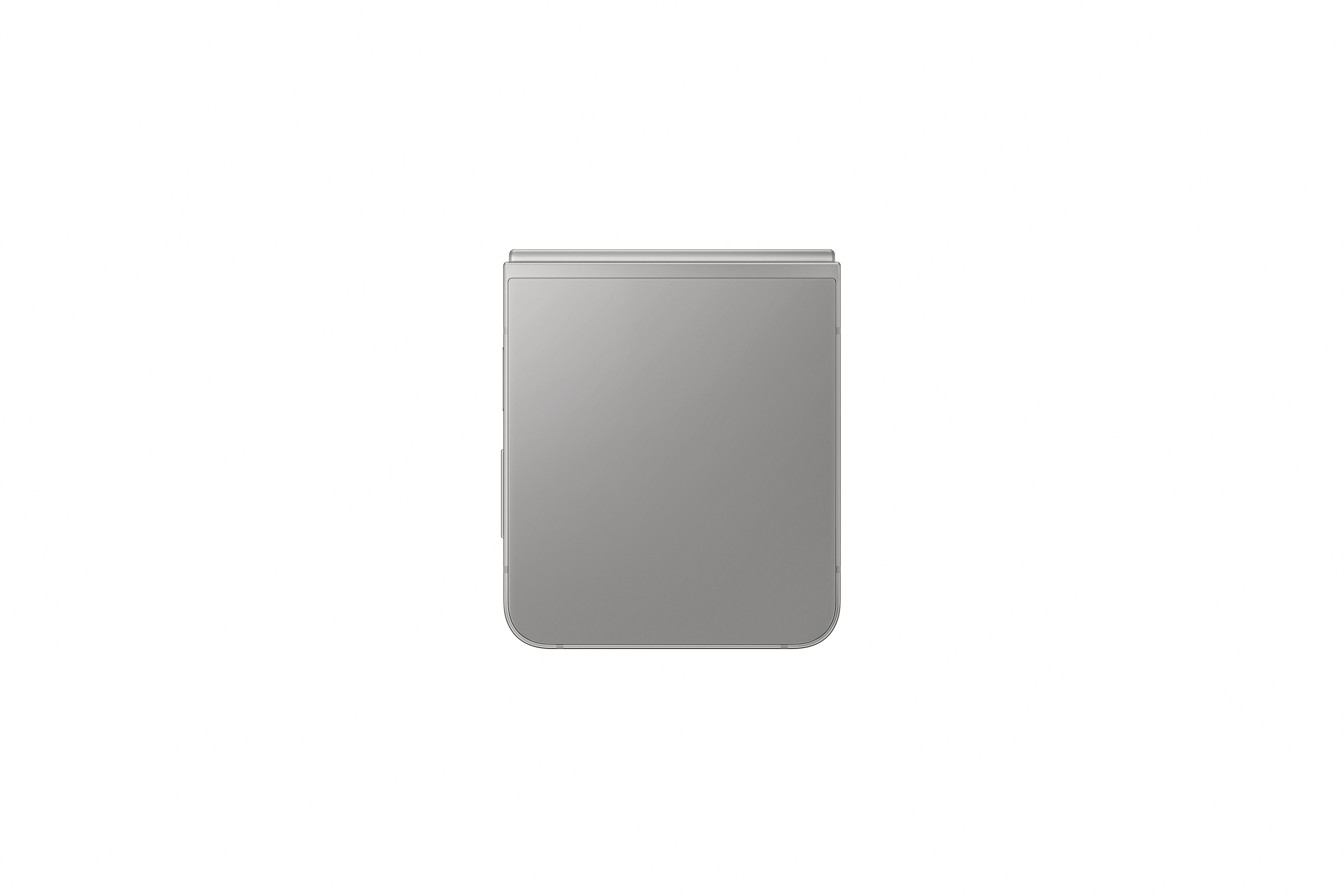 Draufsicht auf ein graues Samsung Galaxy Z Flip6-Telefon, geschlossen.