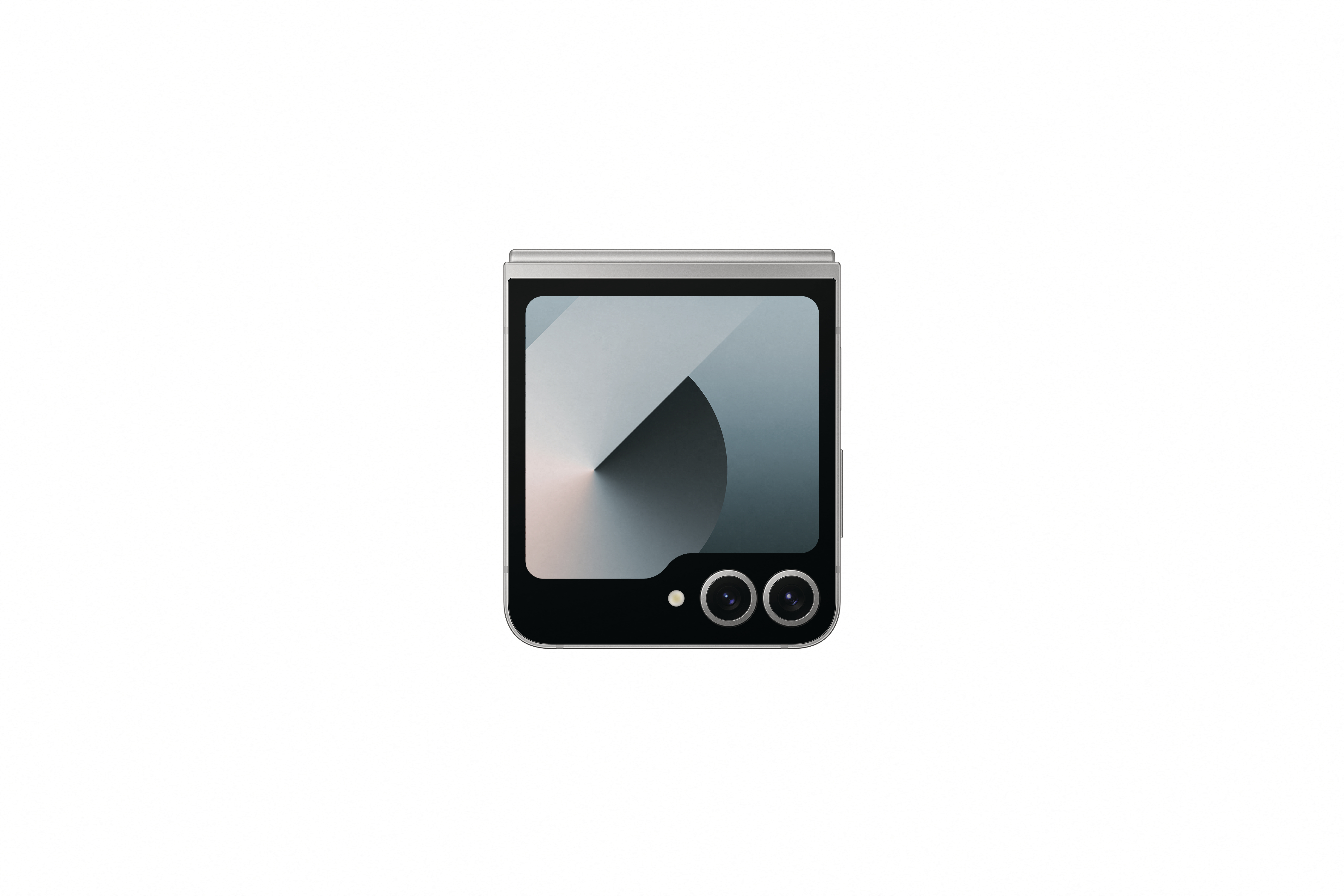 Samsung Galaxy Z Flip6 Telefon geschlossen, auf weißem Hintergrund. Schwarz, Silber und Grau.