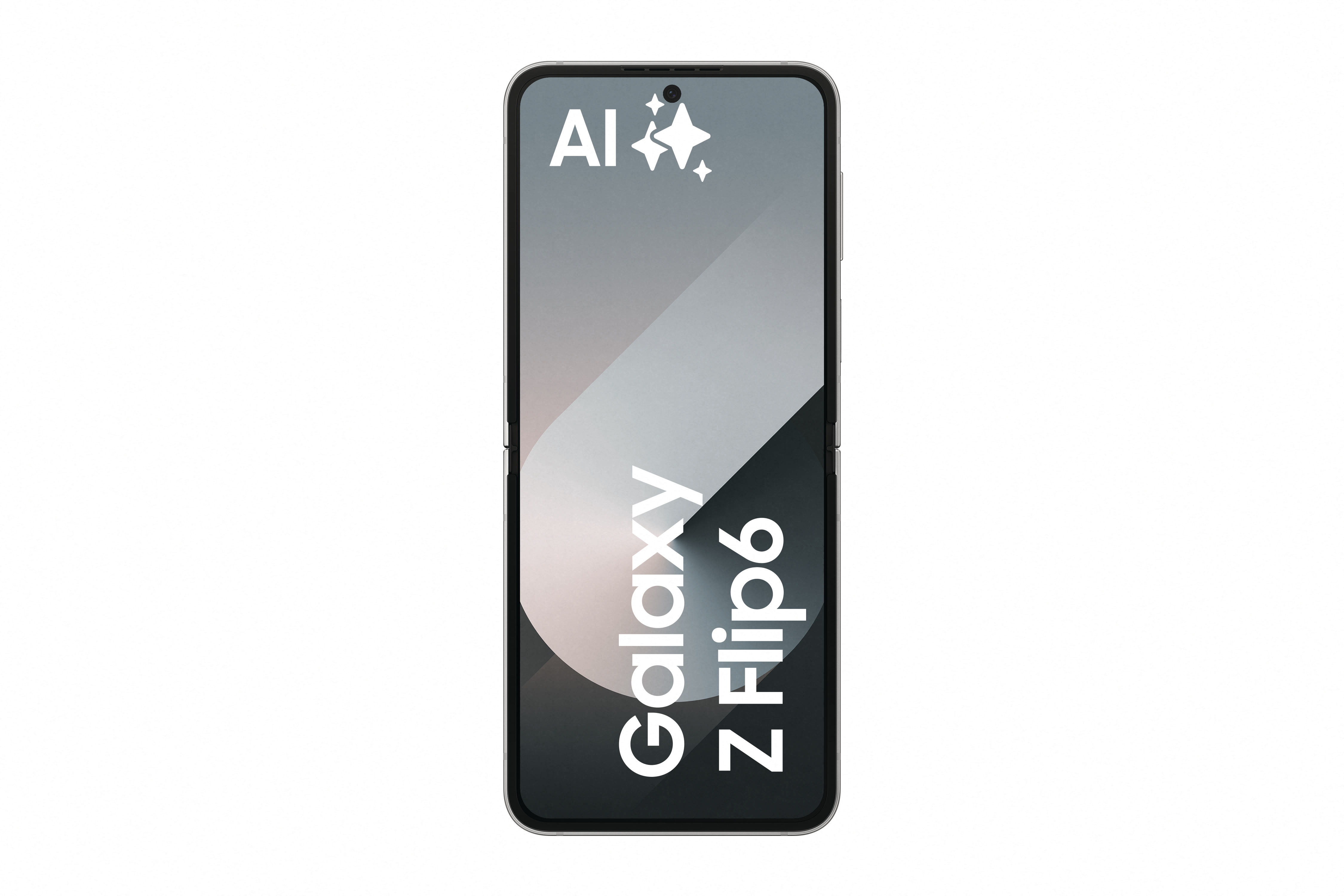 Geschlossenes Smartphone mit "Galaxy Z Flip6" Text auf dem Bildschirm, AI Logo links oben.
