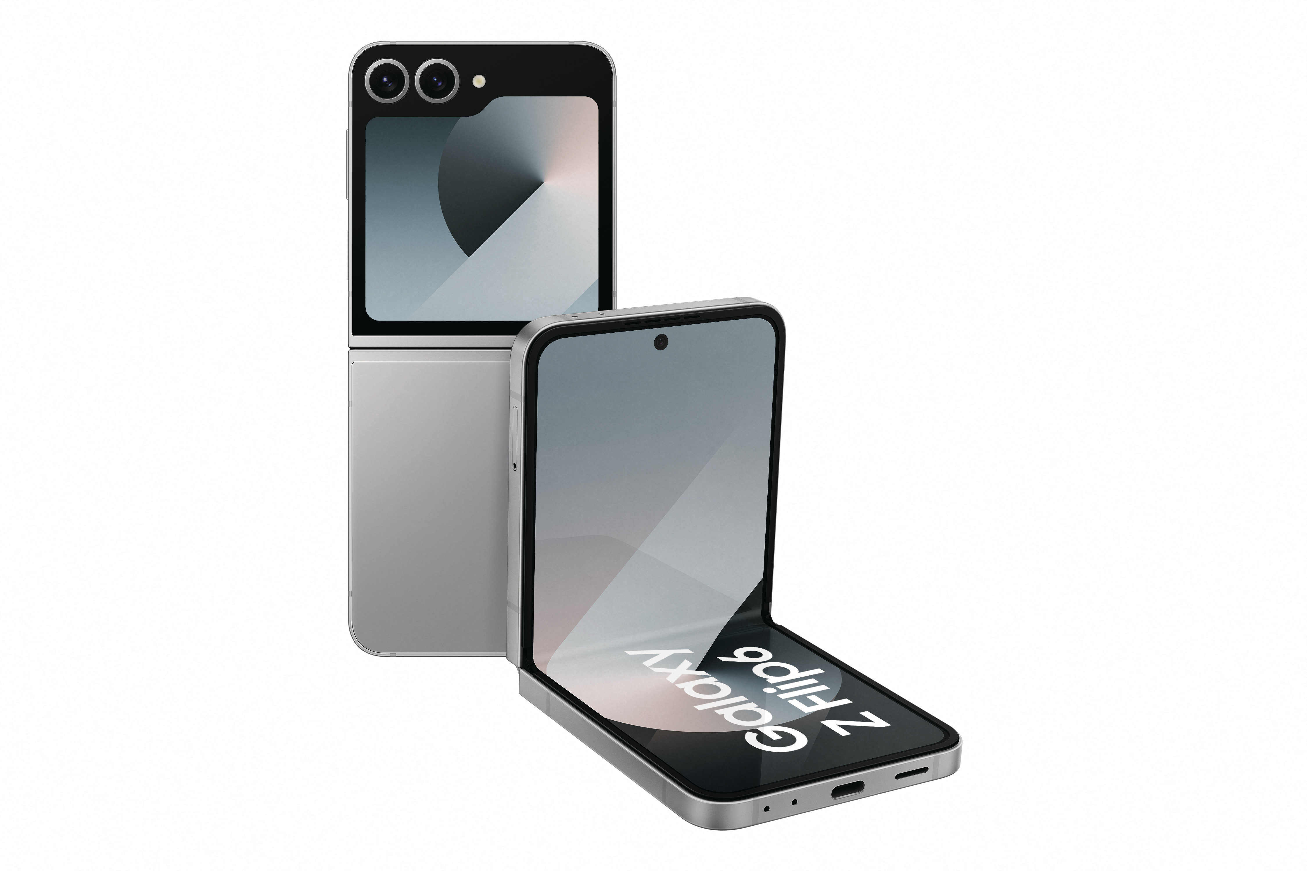 Silbernes Samsung Galaxy Z Flip6-Telefon, offen. Ein anderes ist dahinter, geschlossen.