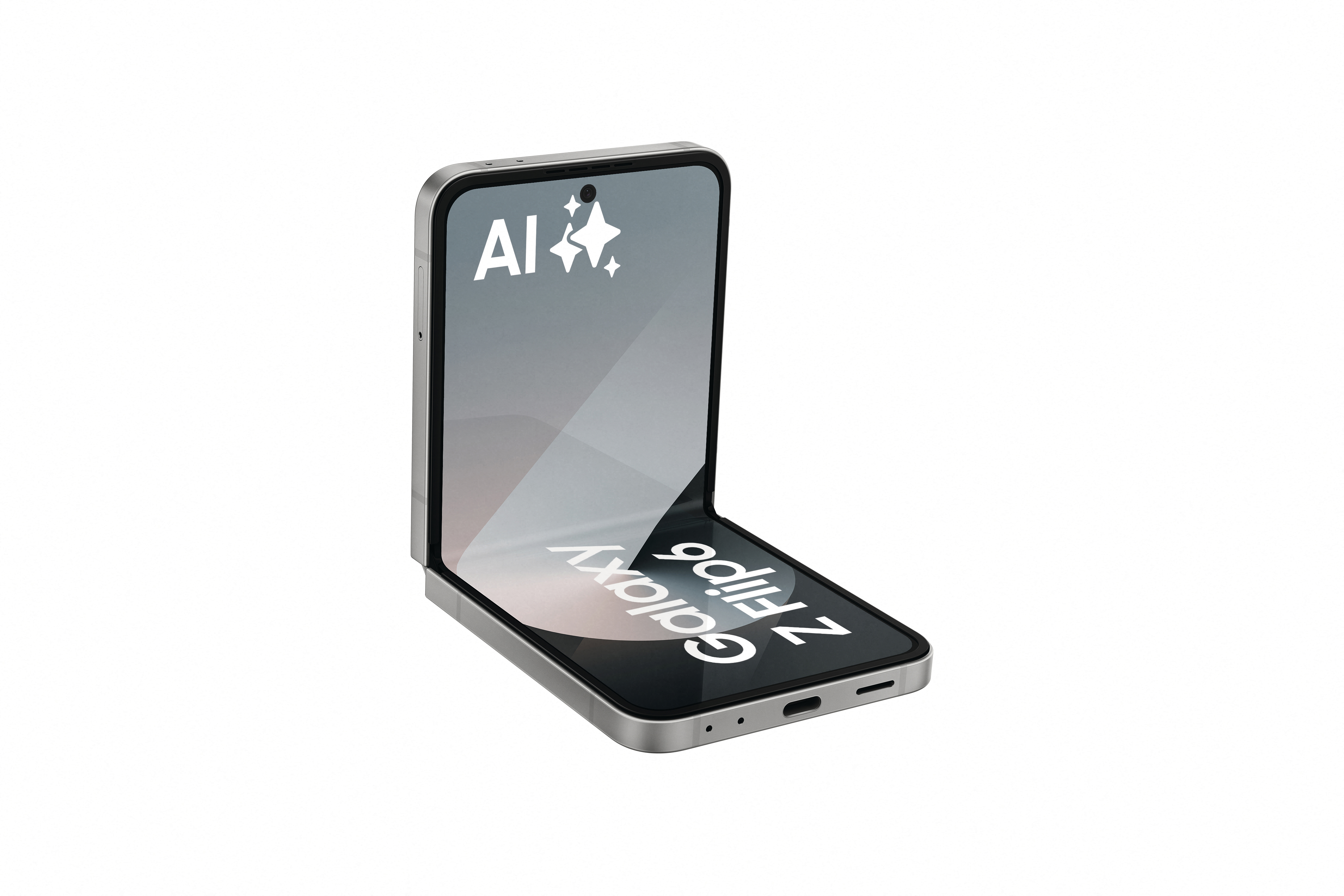 Ein silbernes Telefon ist geöffnet und zeigt den Bildschirm mit dem Text "Galaxy Z Flip6".