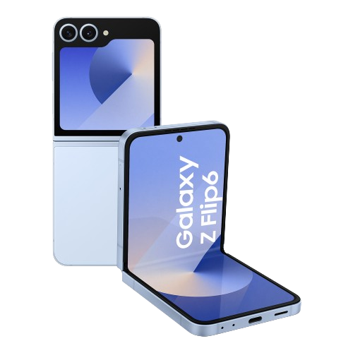 Un teléfono plegable azul claro, parcialmente abierto, con dos cámaras en la parte superior.