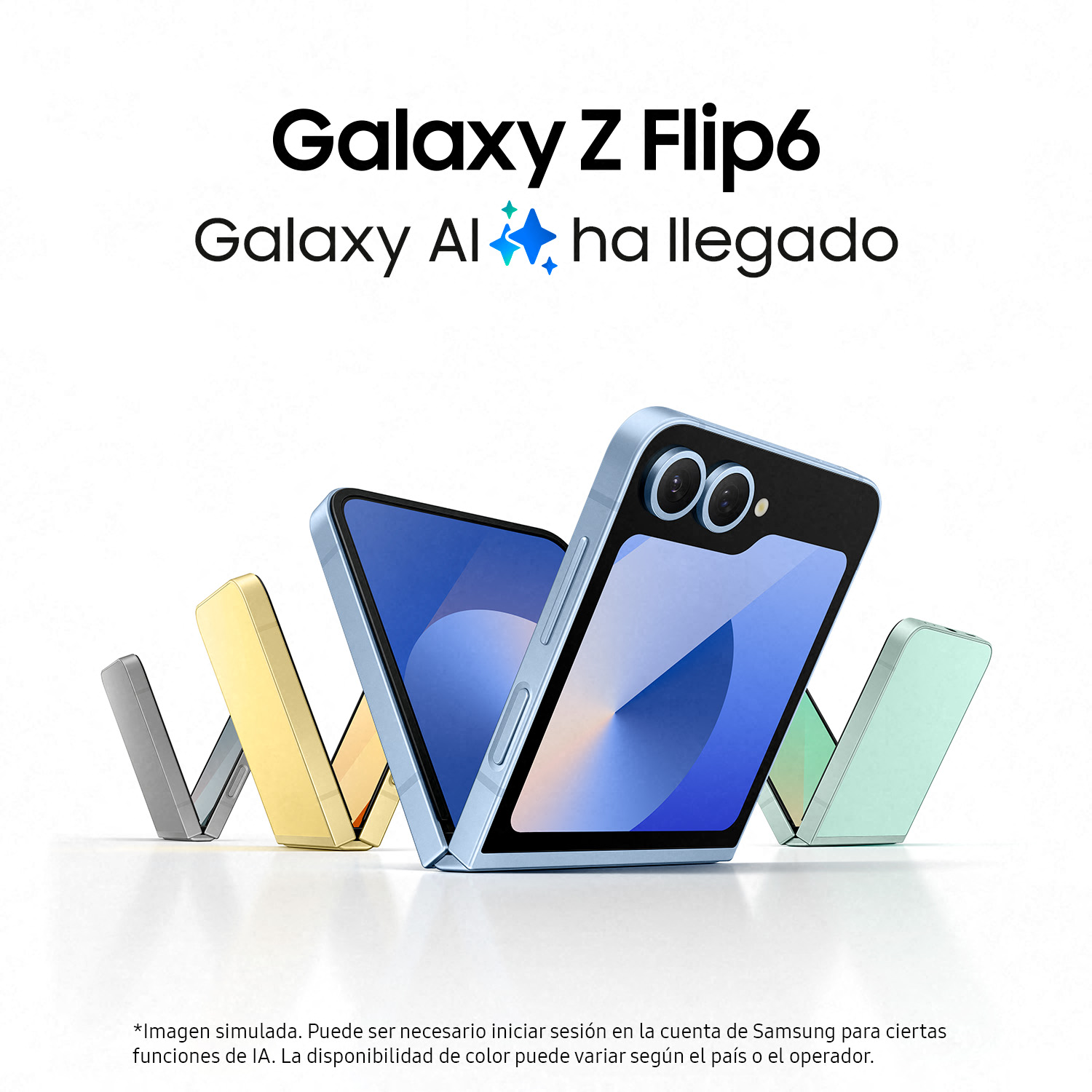 Múltiples teléfonos Galaxy Z Flip6 en diferentes colores.
