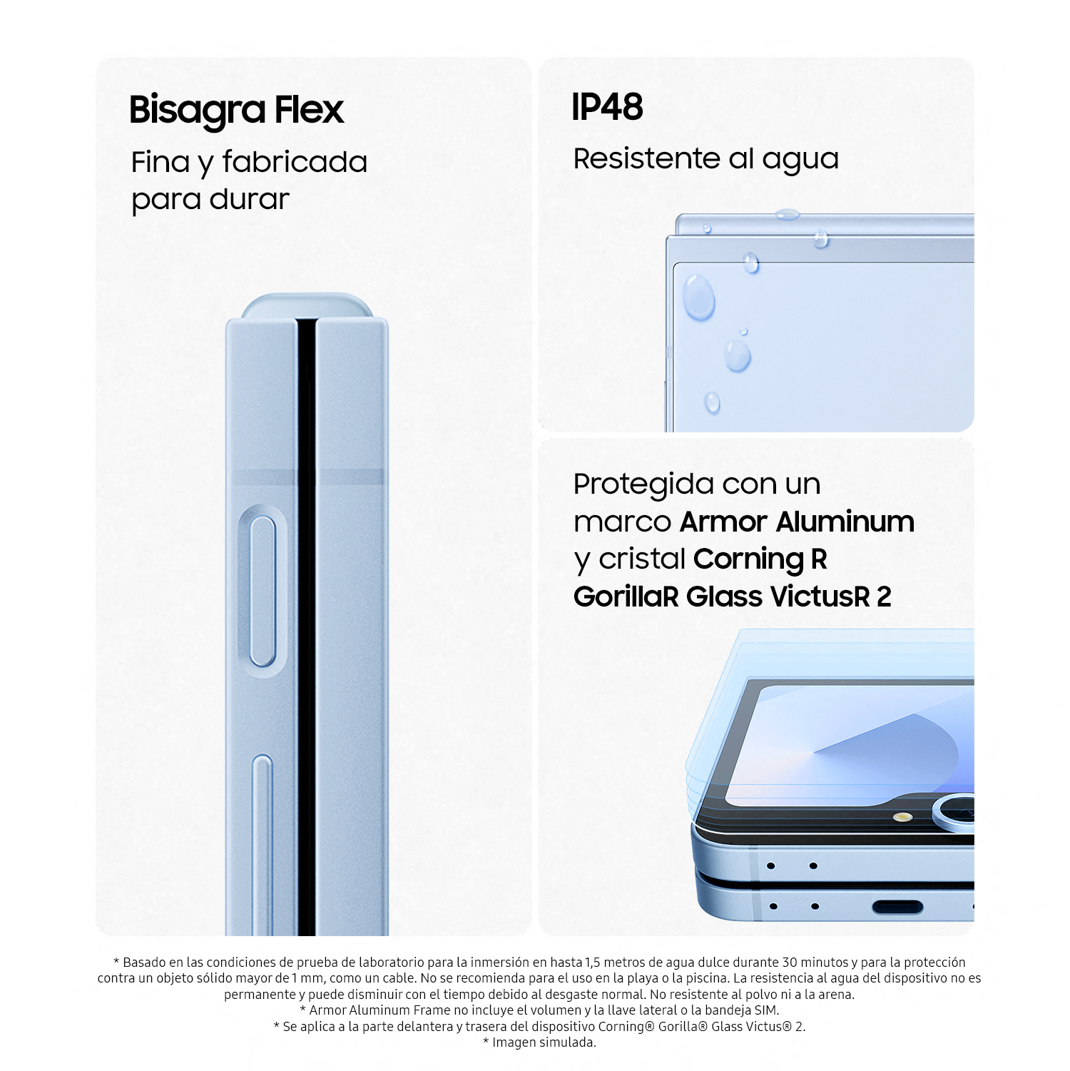 Detalles en primer plano de un teléfono plegable. Muestra la bisagra, la resistencia al agua y Corning Gorilla Glass.