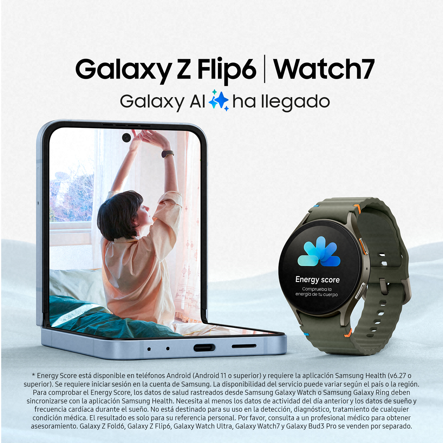 Una mujer en una pantalla de teléfono, un reloj inteligente y texto sobre Galaxy Z Flip6 y Watch7.