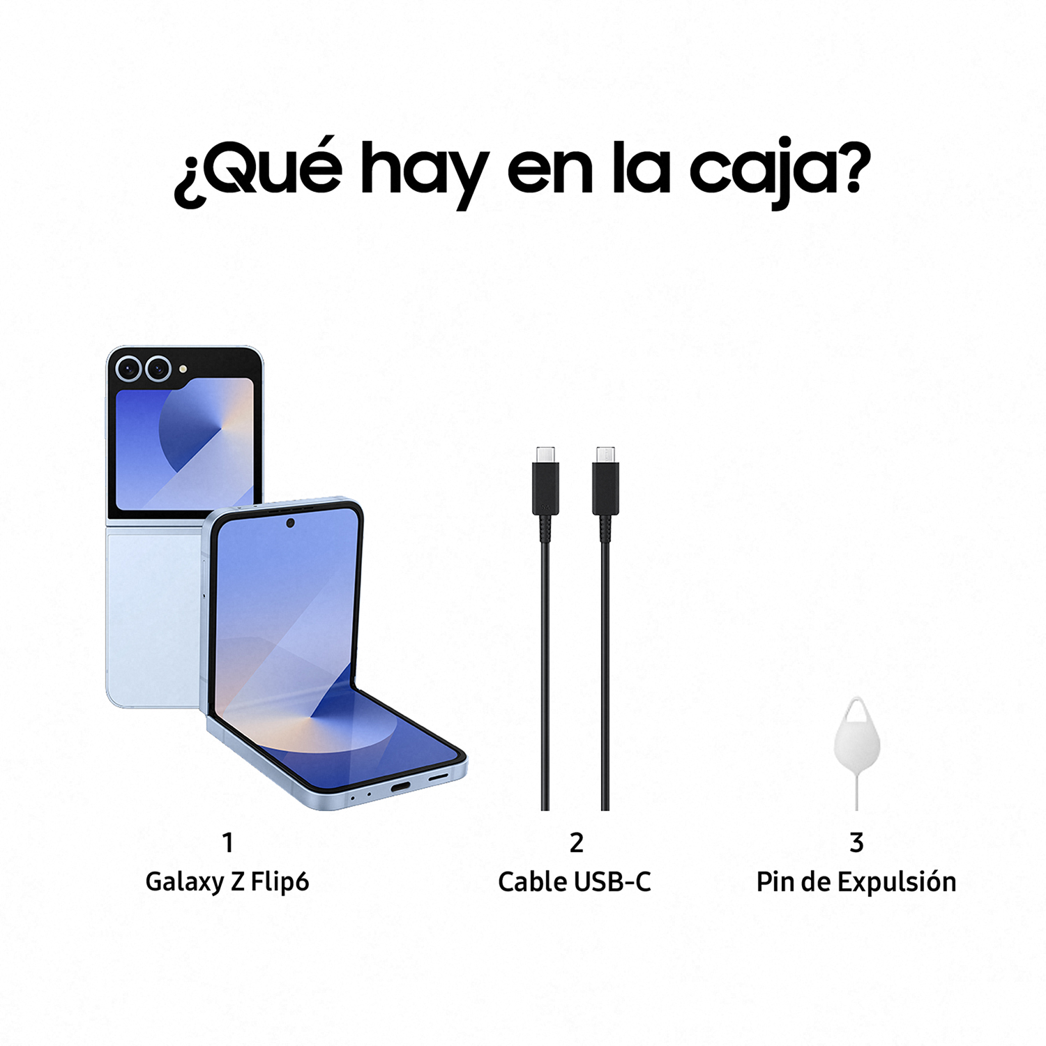 Contenido de la caja: Un teléfono plegable azul, un cable USB-C negro y una herramienta de expulsión de SIM.