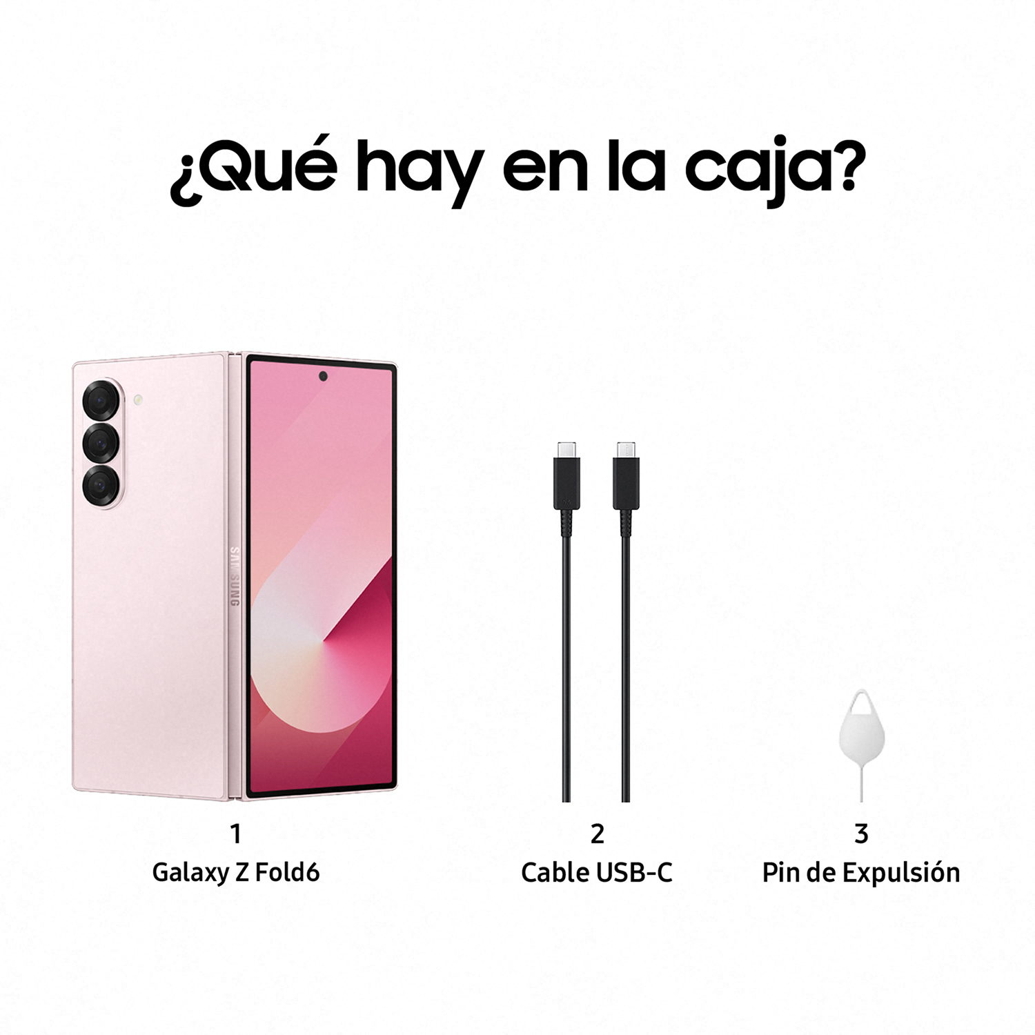 Teléfono plegable rosa, dos cables USB-C y un pin de expulsión SIM sobre fondo blanco.