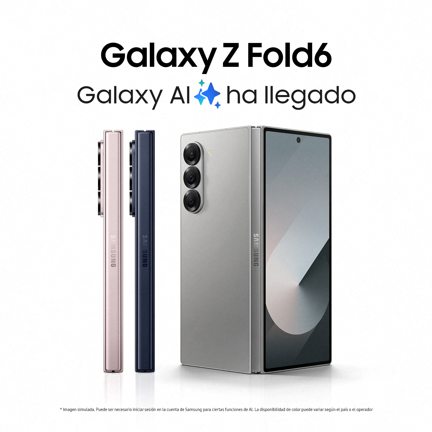 Tres teléfonos plegables, rosa, azul oscuro, plateado, teléfono plateado abierto. Texto Galaxy Z Fold6.