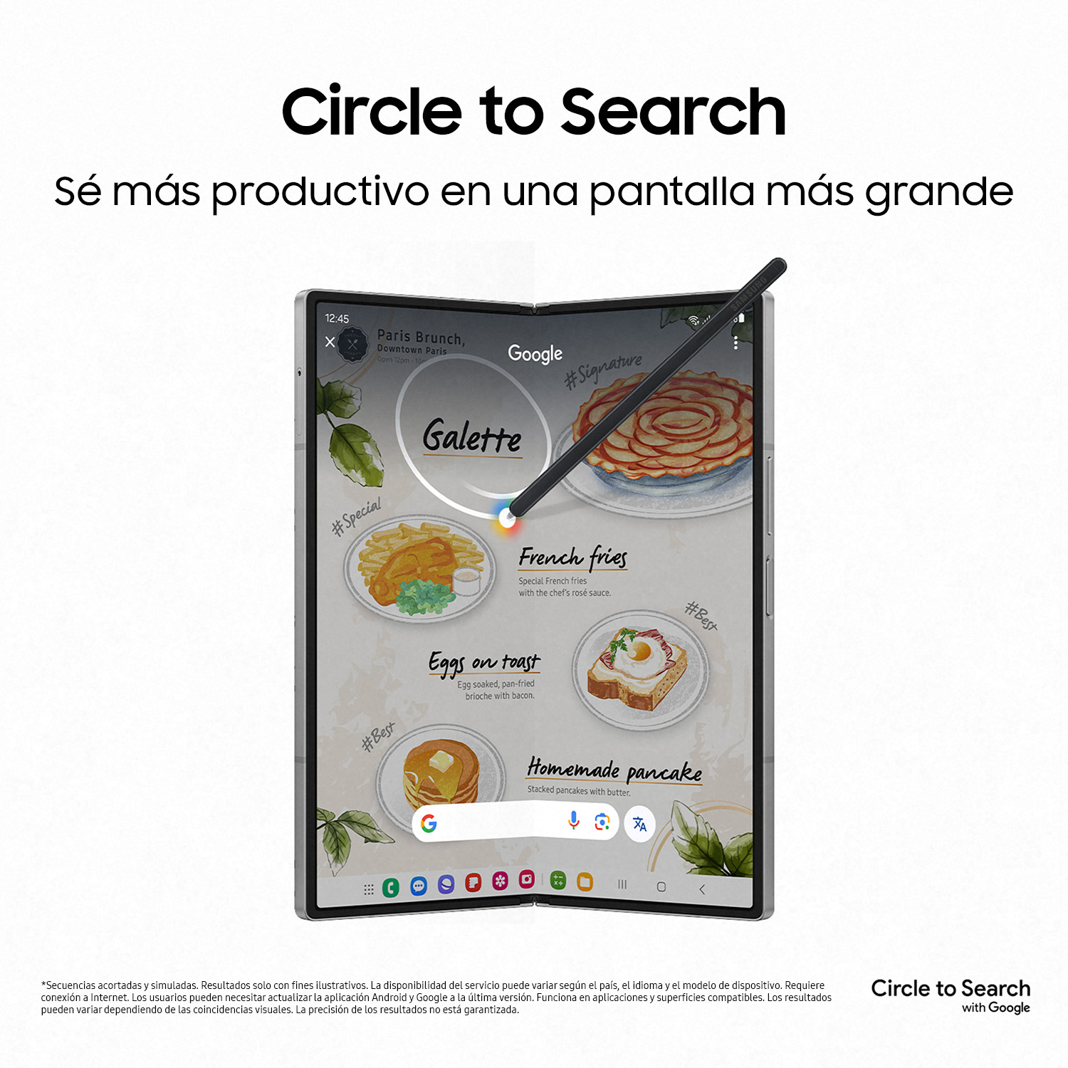 Teléfono plegable con imágenes de comida e interfaz de búsqueda de Google, lápiz, fondo negro.