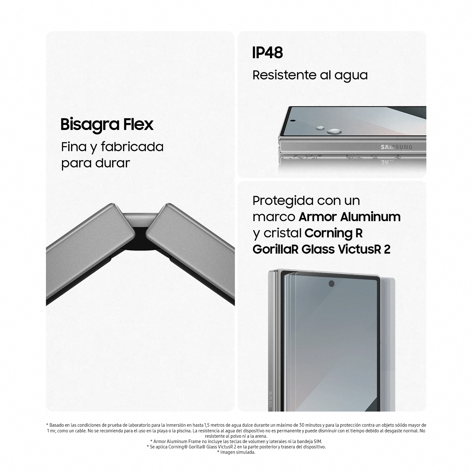 Primer plano de un teléfono plegable con texto e imágenes sobre durabilidad y resistencia al agua.