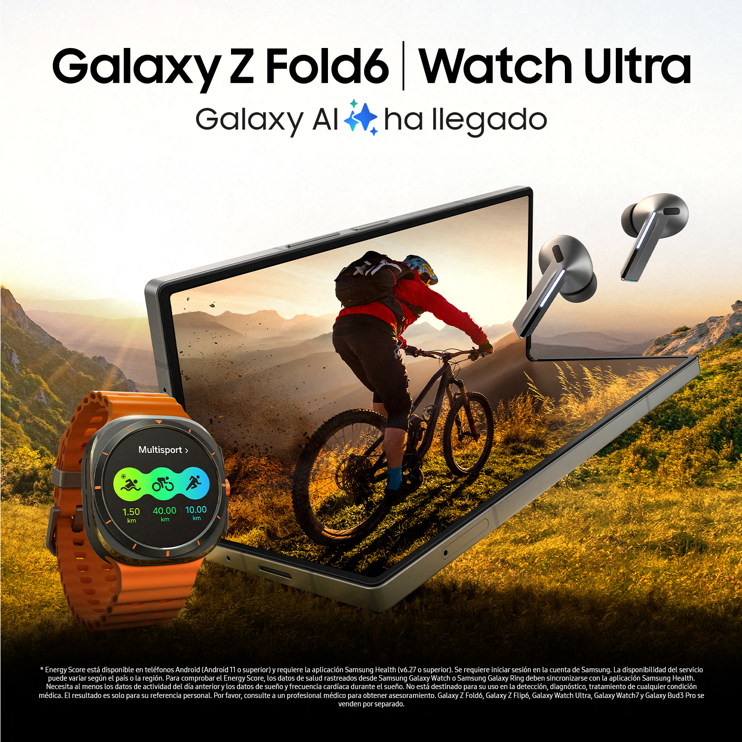 Imagen promocional con Galaxy Z Fold6, Watch Ultra y auriculares en un fondo de naturaleza.