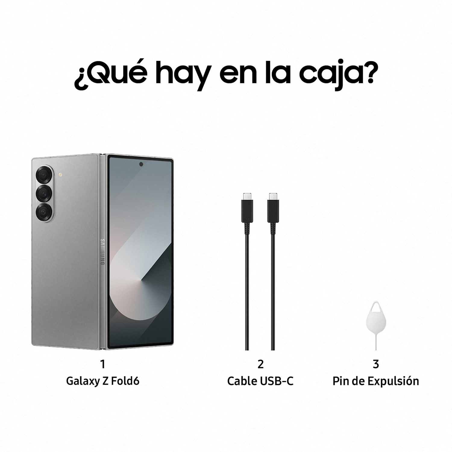 Teléfono plegable, cable USB-C y pasador de expulsión de SIM. Texto: '¿Qué hay en la caja?'.