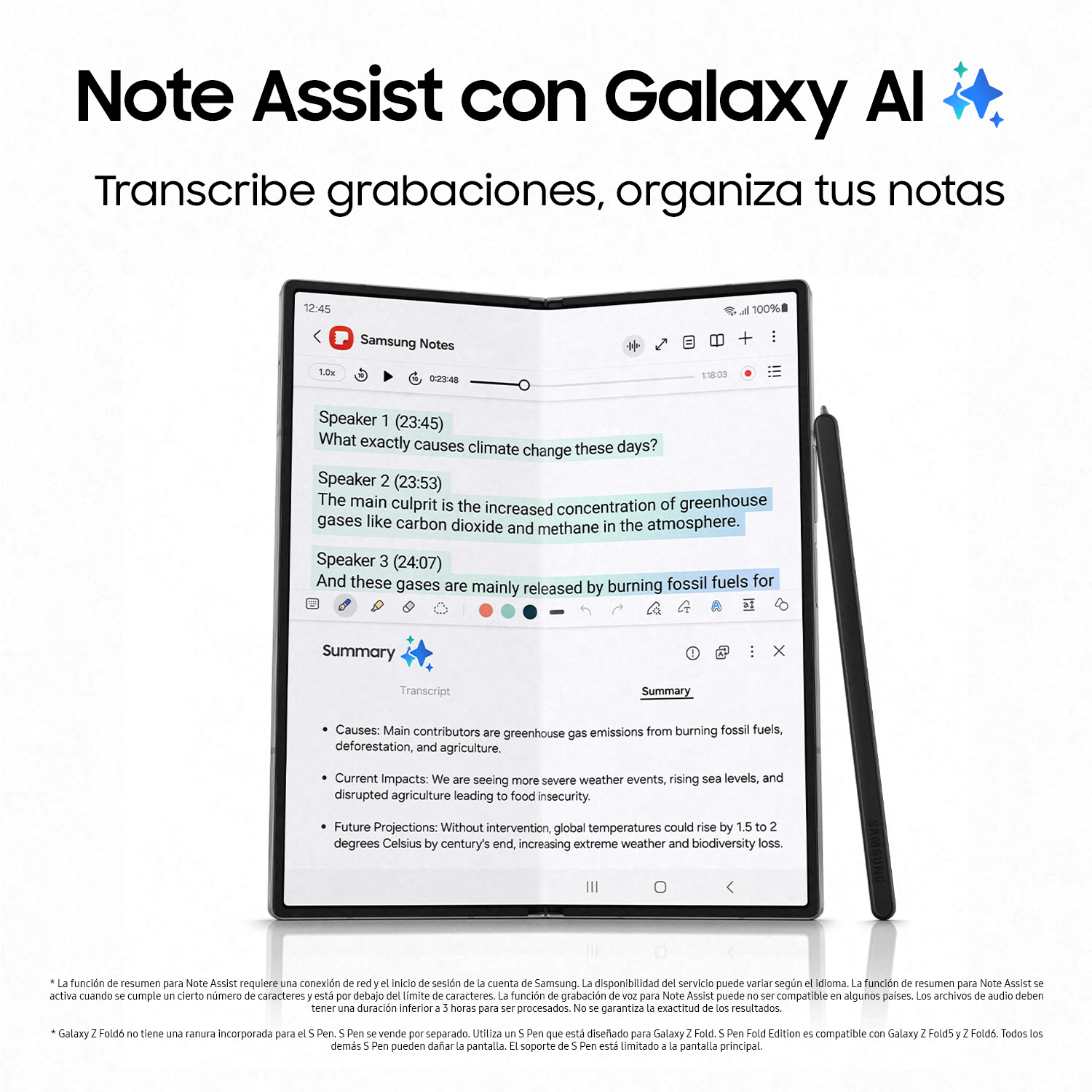 Un teléfono con un lápiz y una pantalla mostrando notas transcritas.
