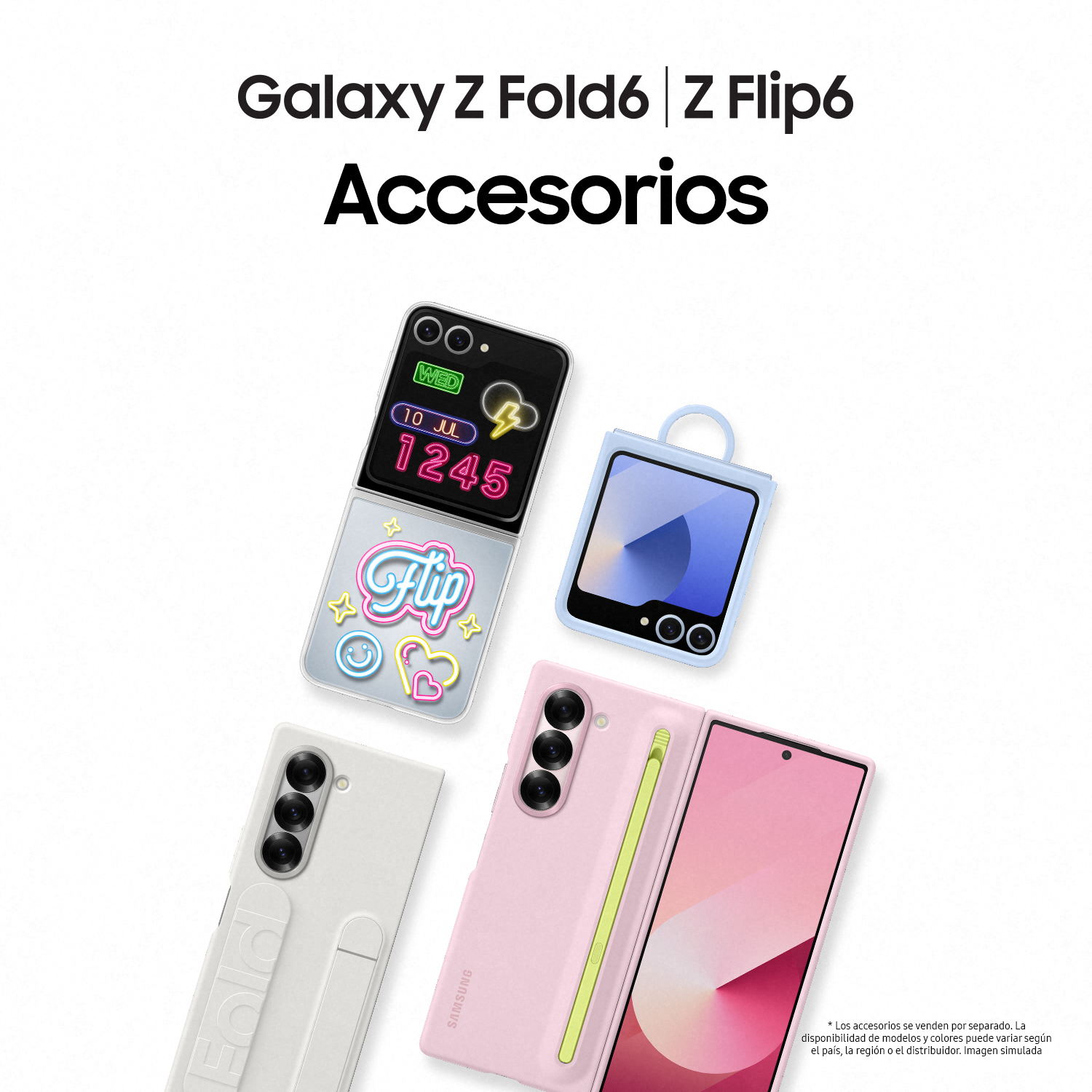 Accesorios Samsung Galaxy Z Fold6 y Flip6, incluyendo fundas y un bolígrafo. Fondo blanco.