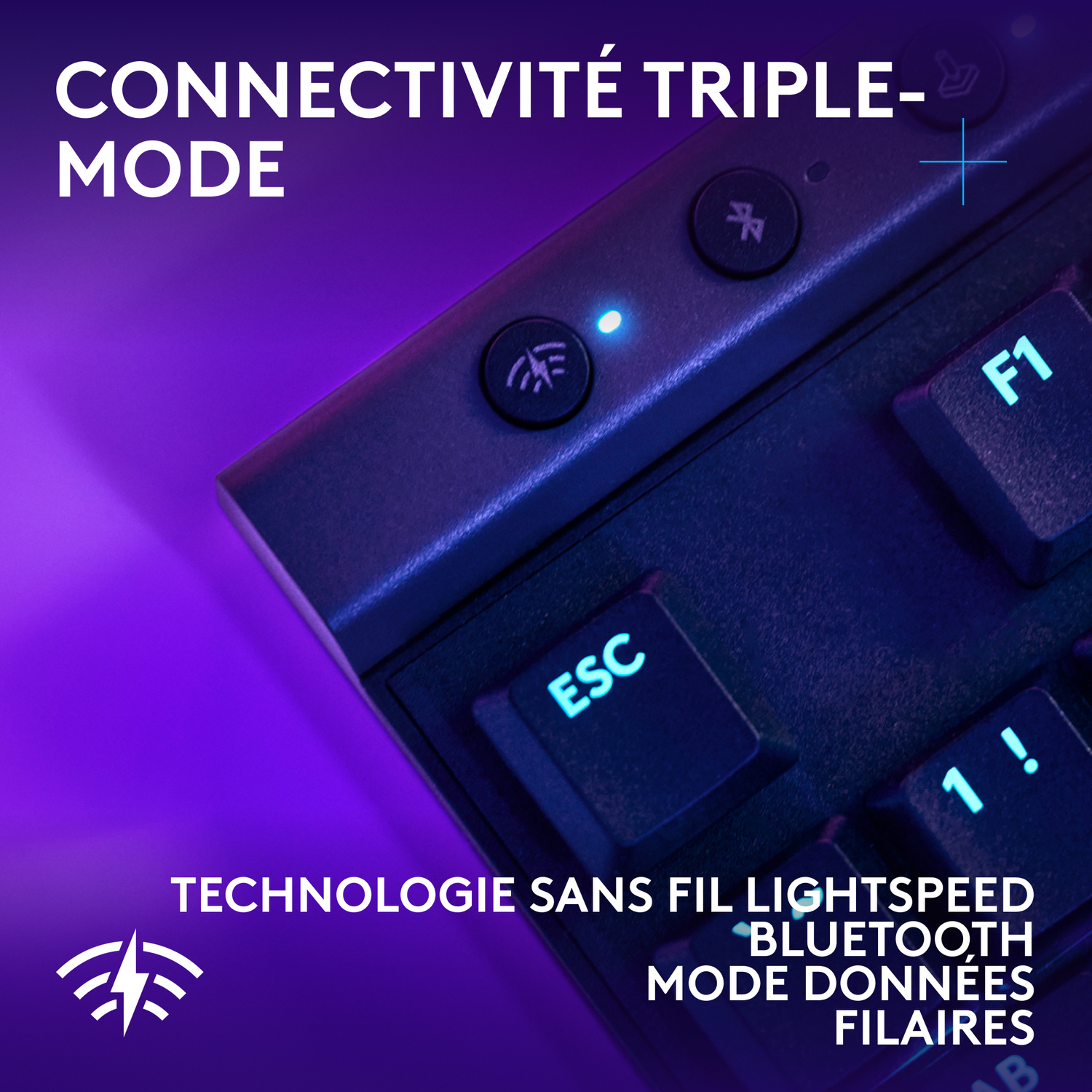 Clavier avec Bluetooth et Lightspeed Wireless. Le texte est en français.