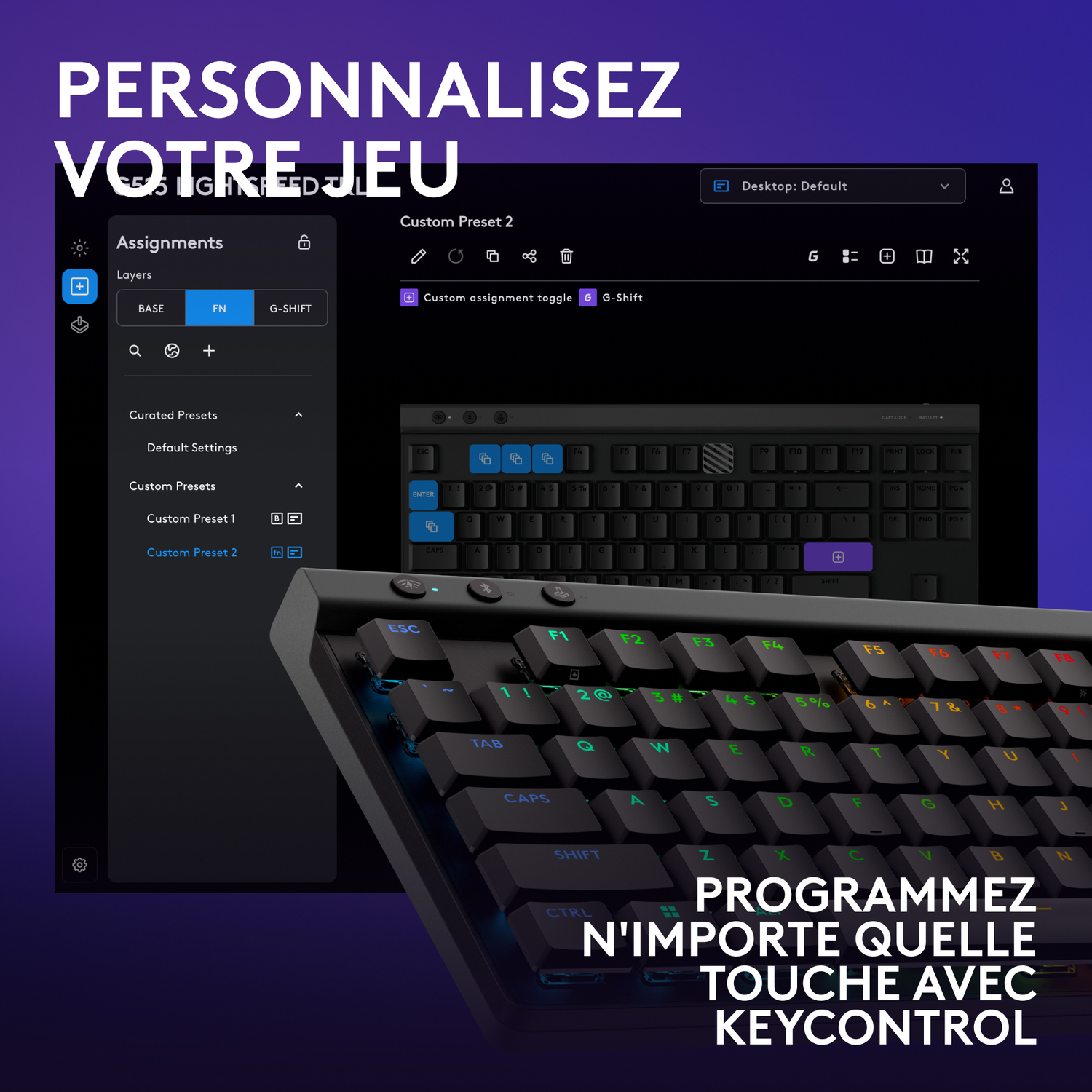 Un clavier avec un écran affichant les paramètres de personnalisation.