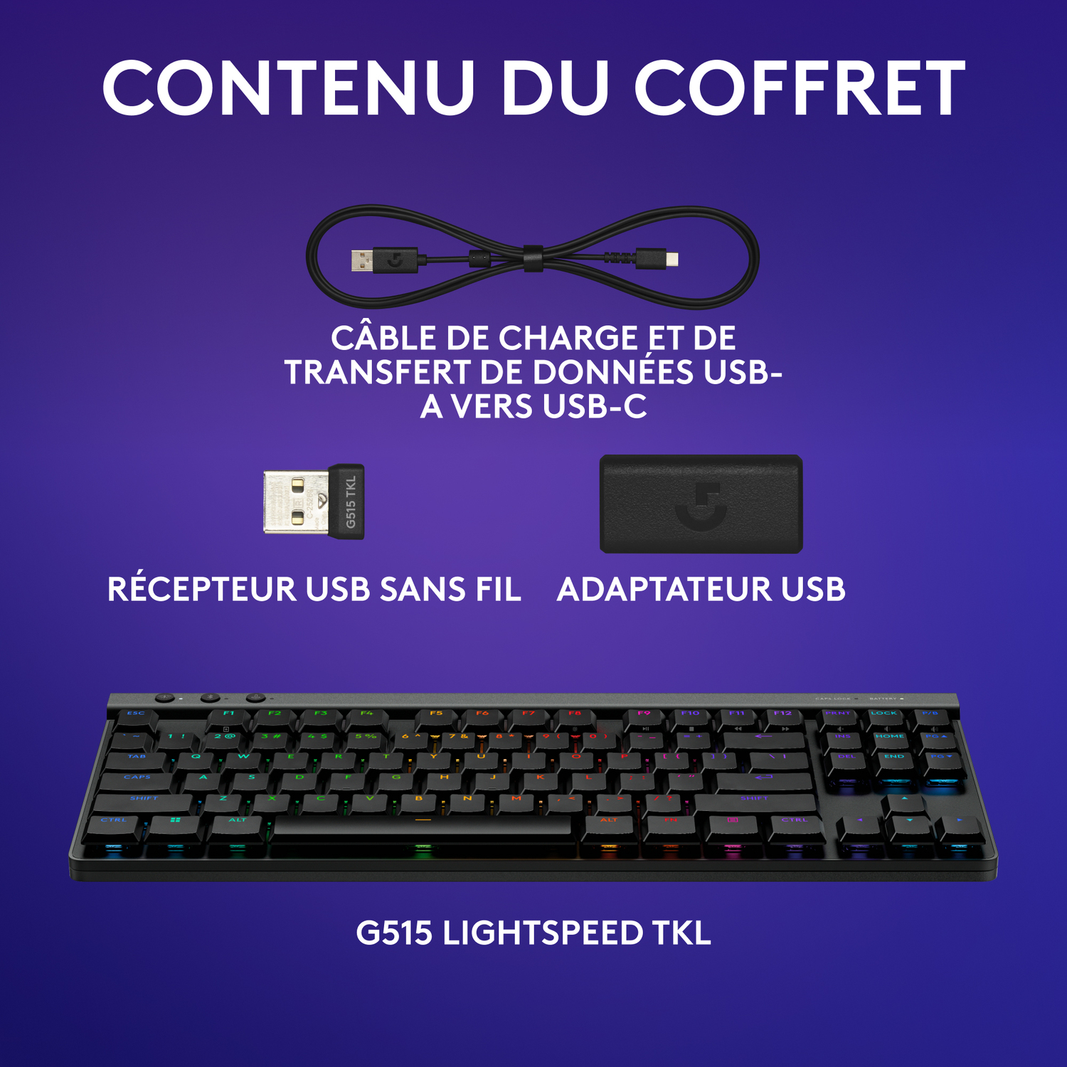 Clavier, câble, récepteur USB et adaptateur sur fond sombre.